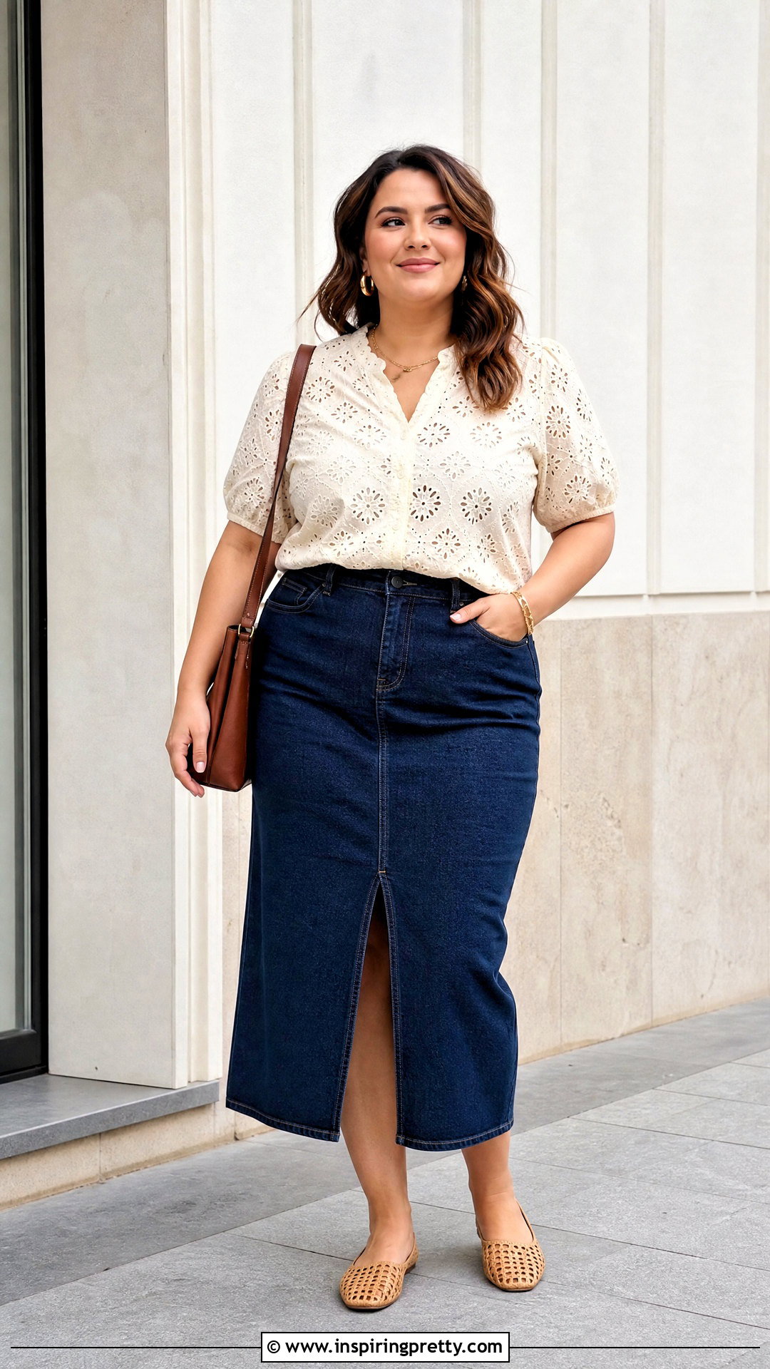 Eyelet Top With a Denim Midi Skirt - 50 eyelet top outfit ideas