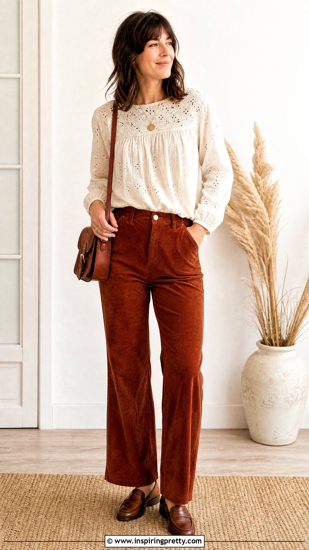 Eyelet Yoke Blouse With Corduroy Pants - 25 diy boho tops upcycled clothing ideas