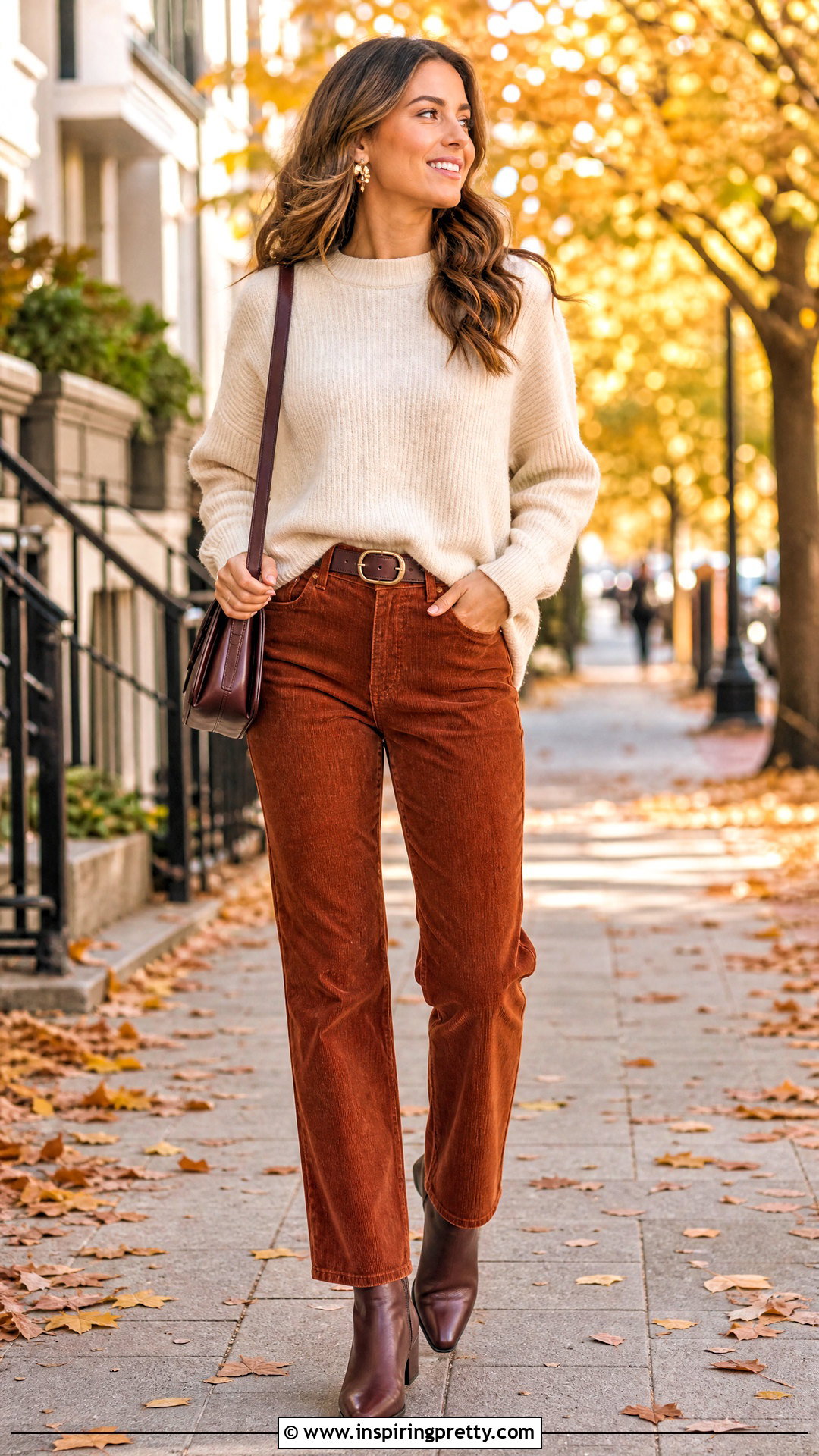 Fall Belted Top With Corduroy Pants - 50 belt top outfit ideas