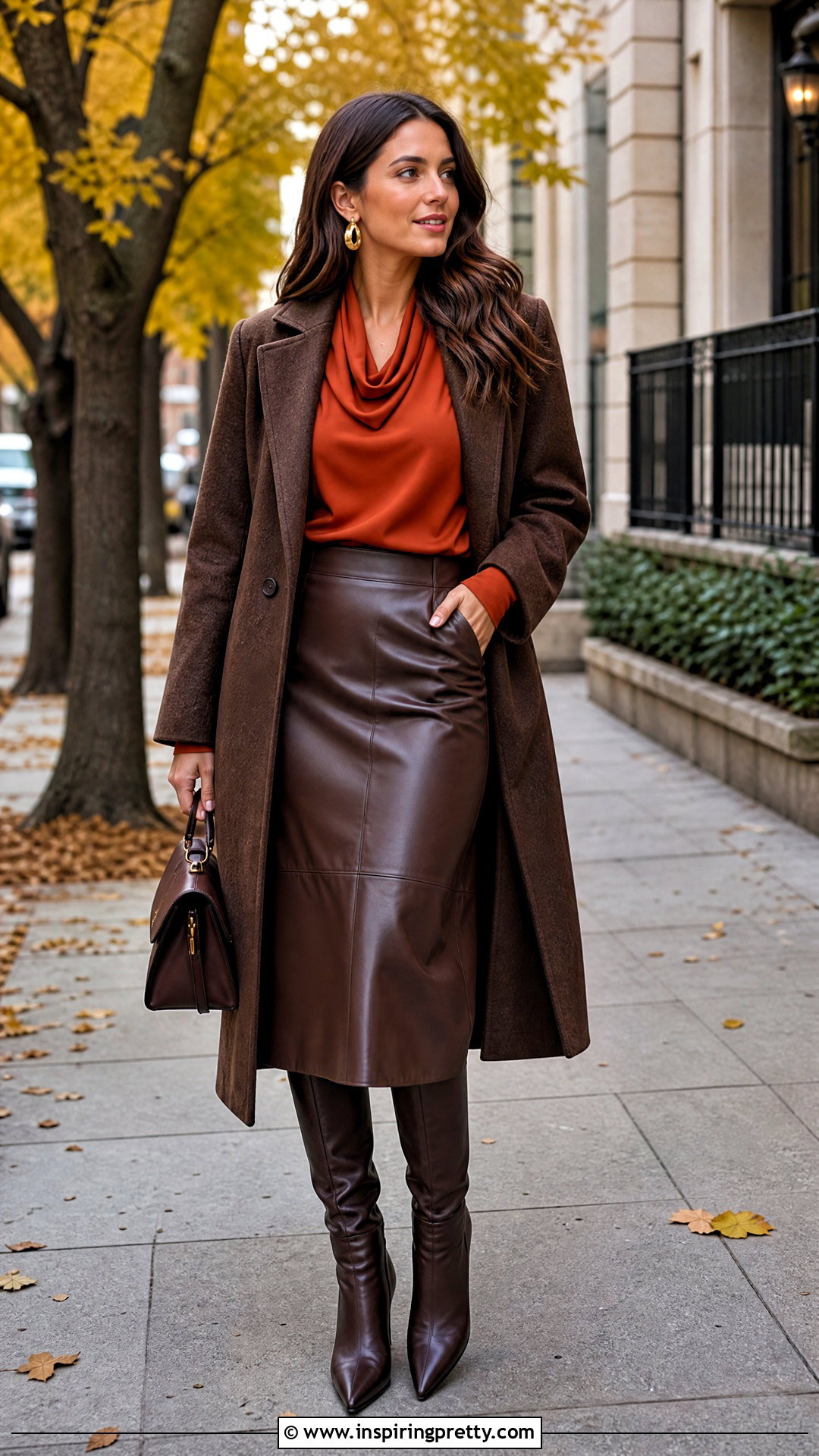 Fall Cowl Neck Top With Leather Skirt - 50 cowl neck top outfit ideas
