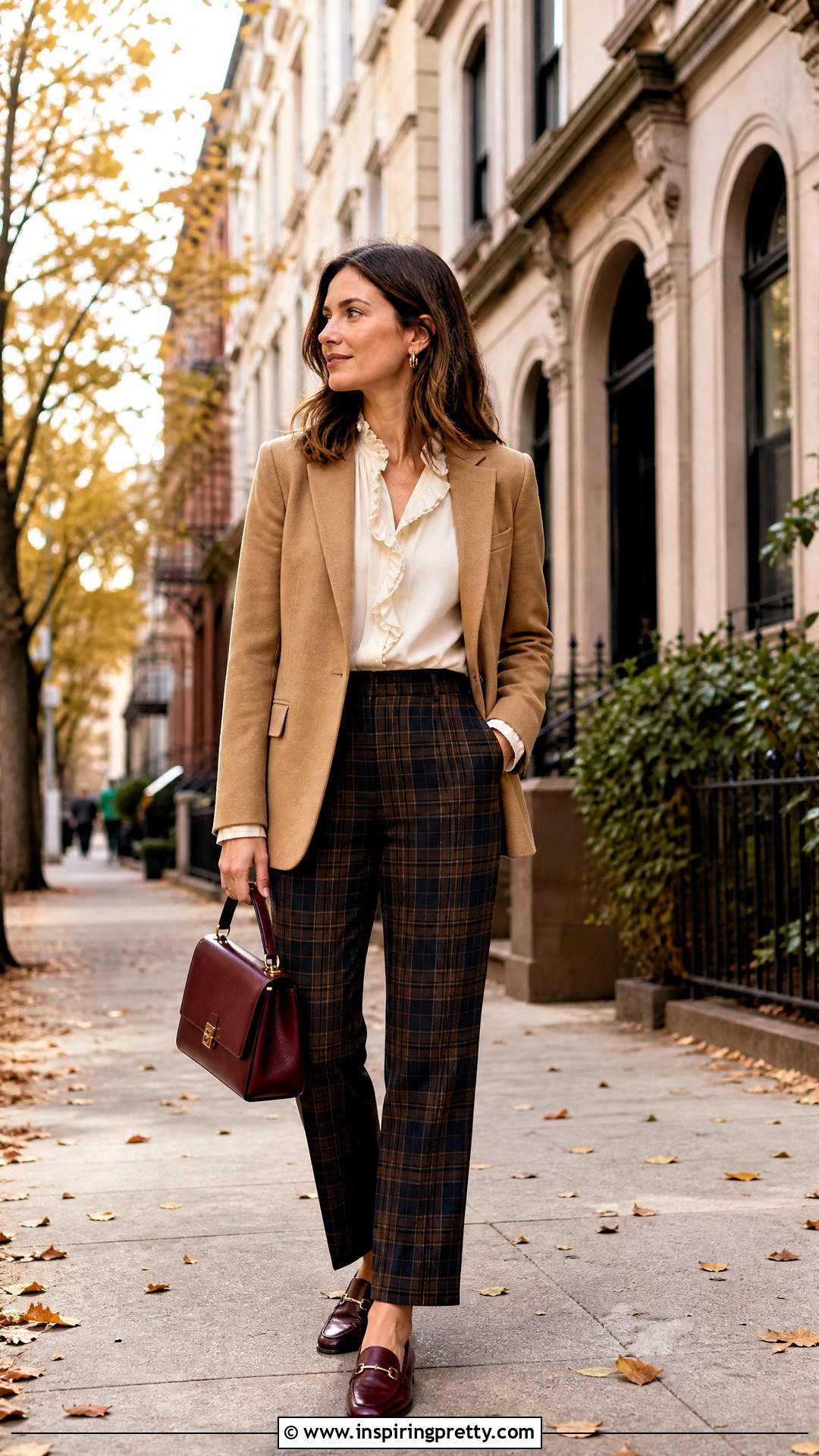 Fall Frill Top With Plaid Pants And Loafers - 50 frill top outfit ideas