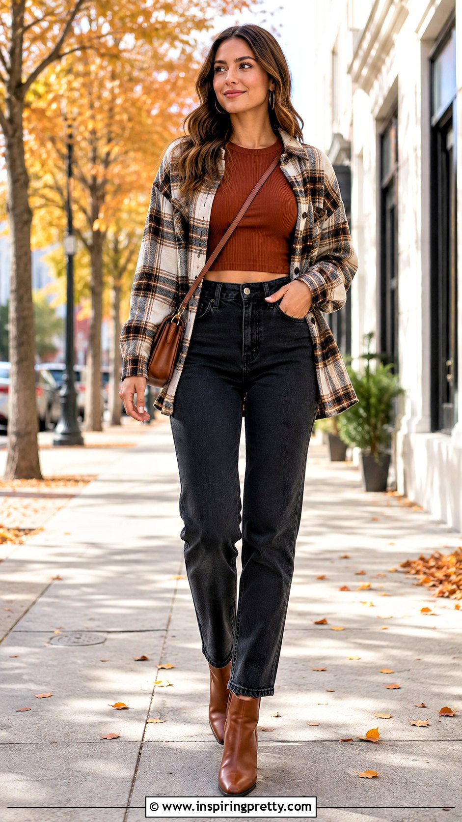 Fall Midriff Top With Plaid Overshirt - 50 midriff top outfit ideas