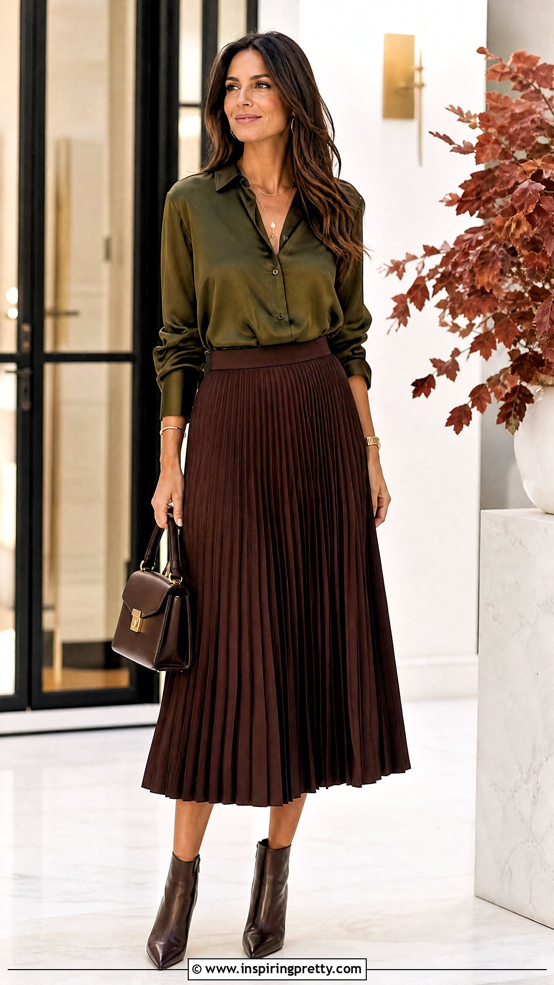 Fall Satin Blouse With Midi Skirt - 20 shop fall tops outfit ideas