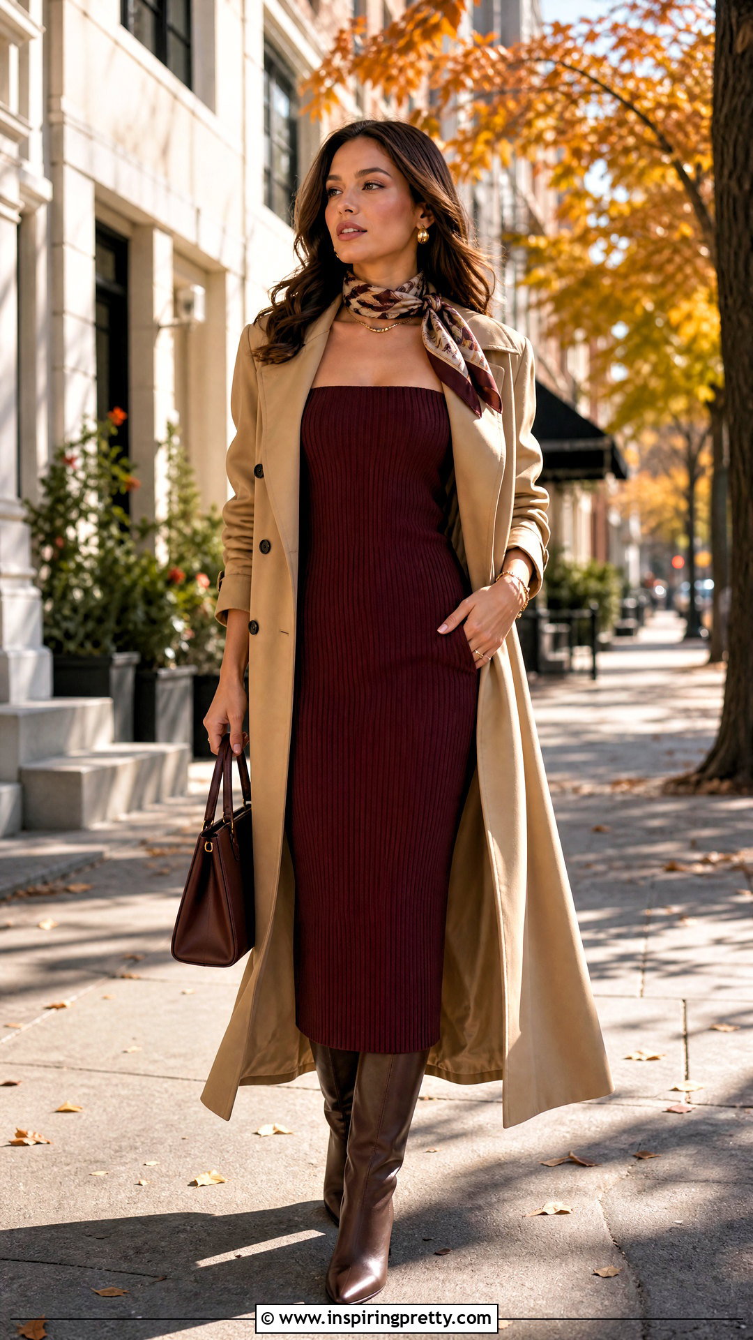 Fall Tube Dress With Trench Coat And Boots - 50 tube top dress outfit ideas
