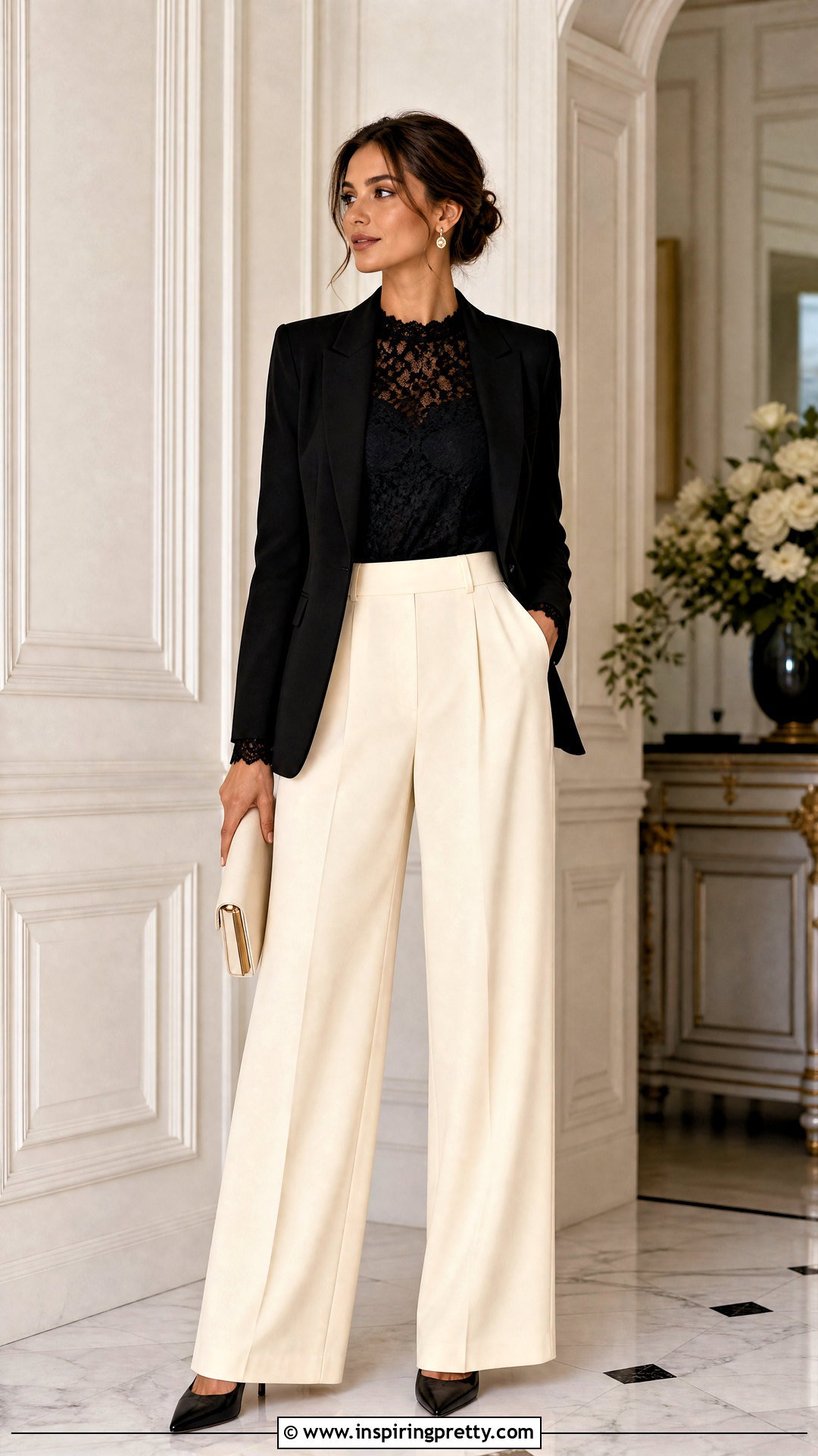 Fancy Black Lace Top With Cream Pants - 50 Fancy Top Designs