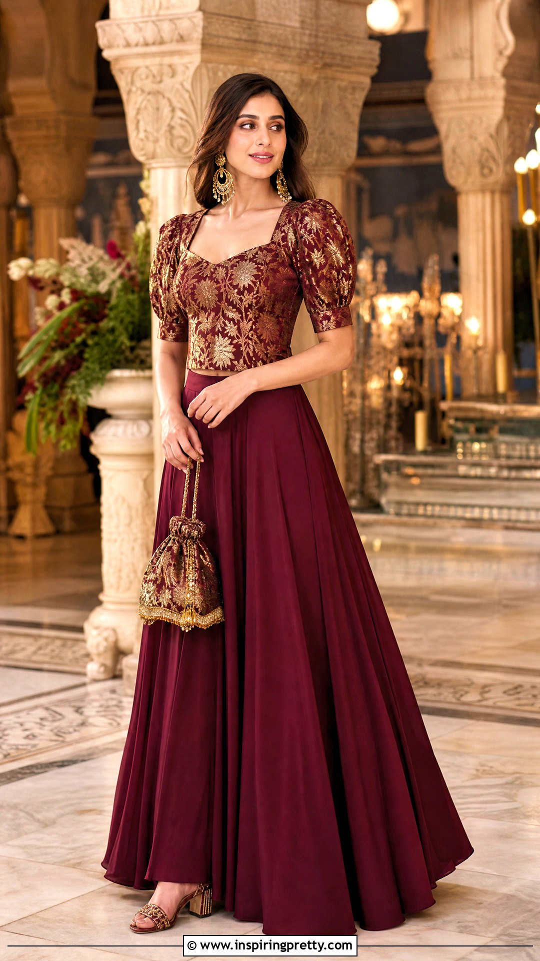 Fancy Brocade Puff Sleeve Top With Lehenga Skirt - 50 Fancy Top Designs