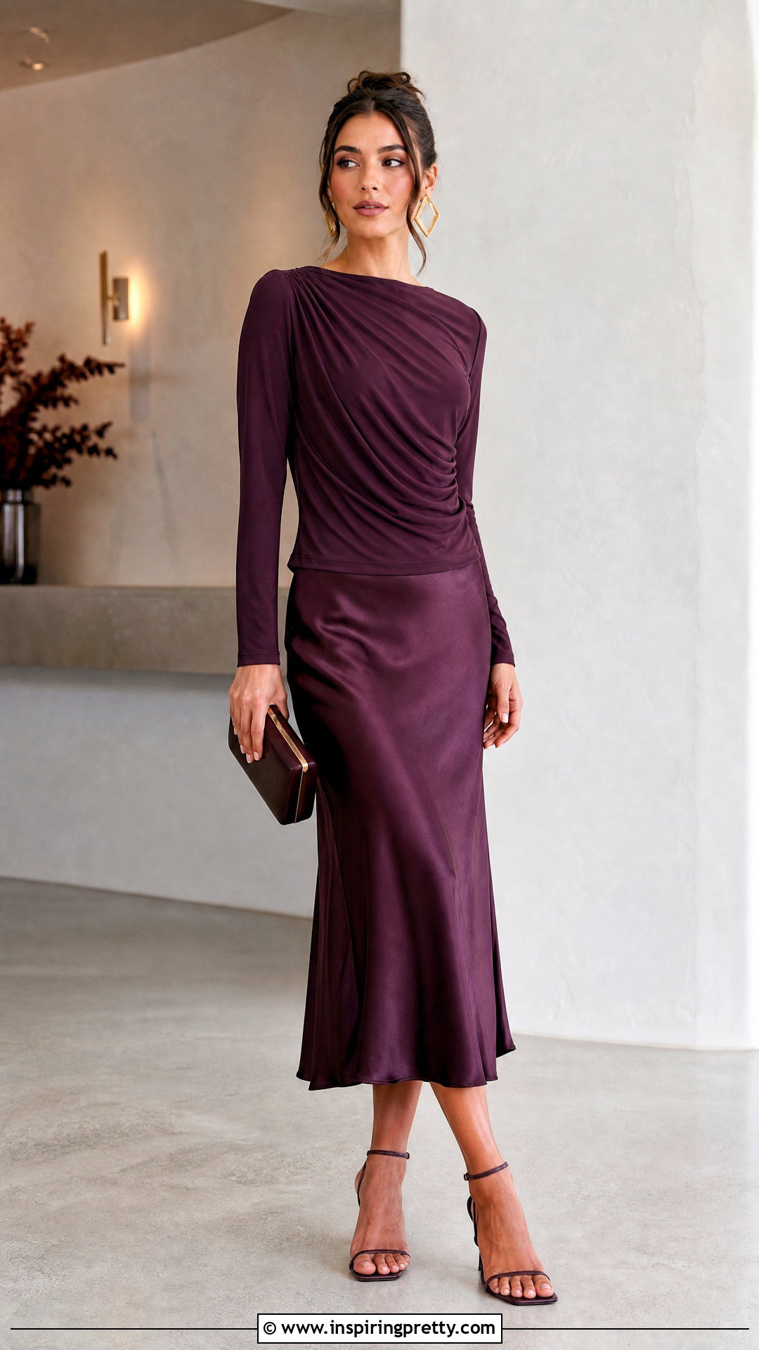 Fancy Draped Jersey Top With Satin Midi Skirt - 50 Fancy Top Designs