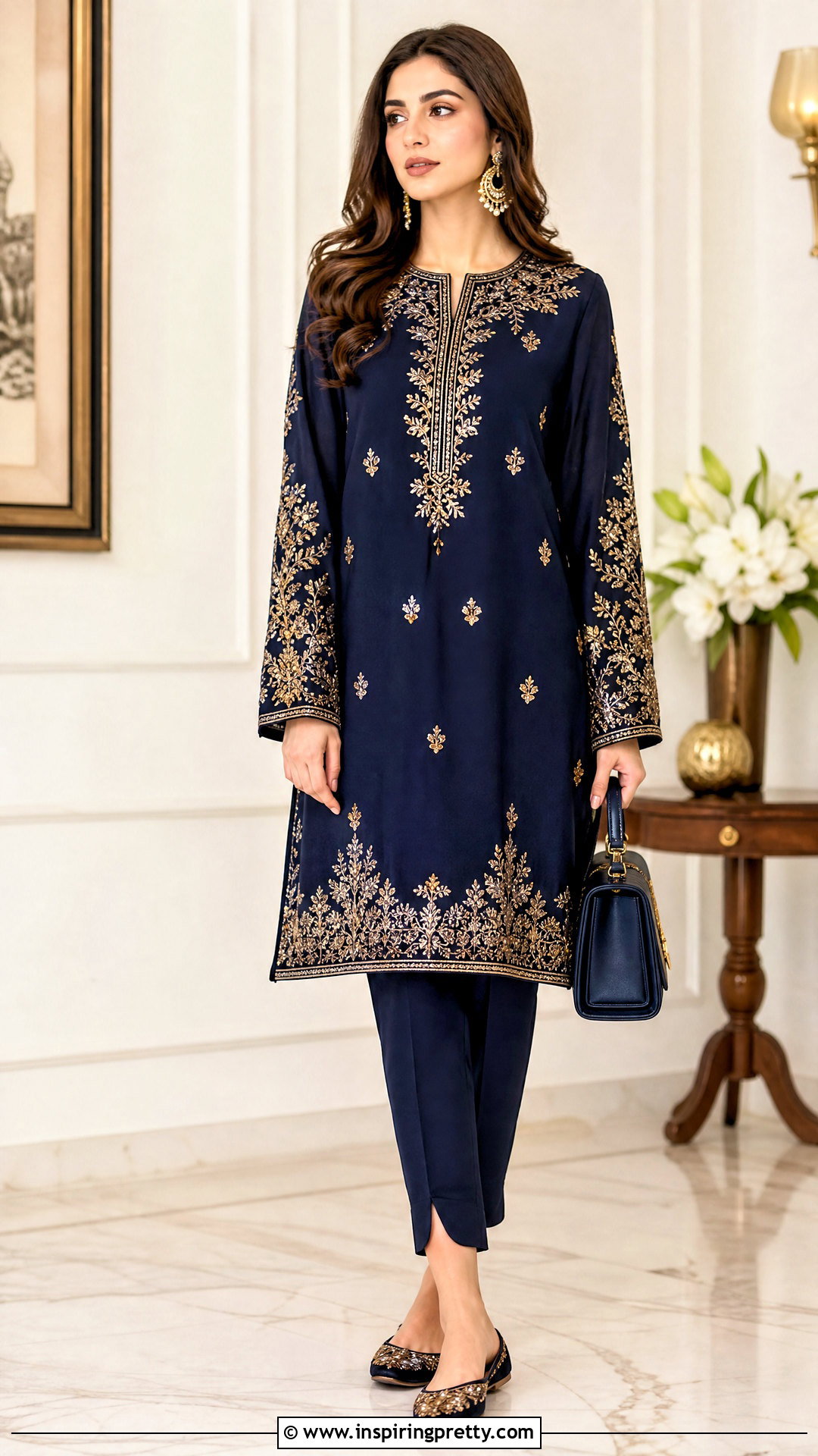 Fancy Embroidered Tunic Top With Slim Pants - 50 Fancy Top Designs