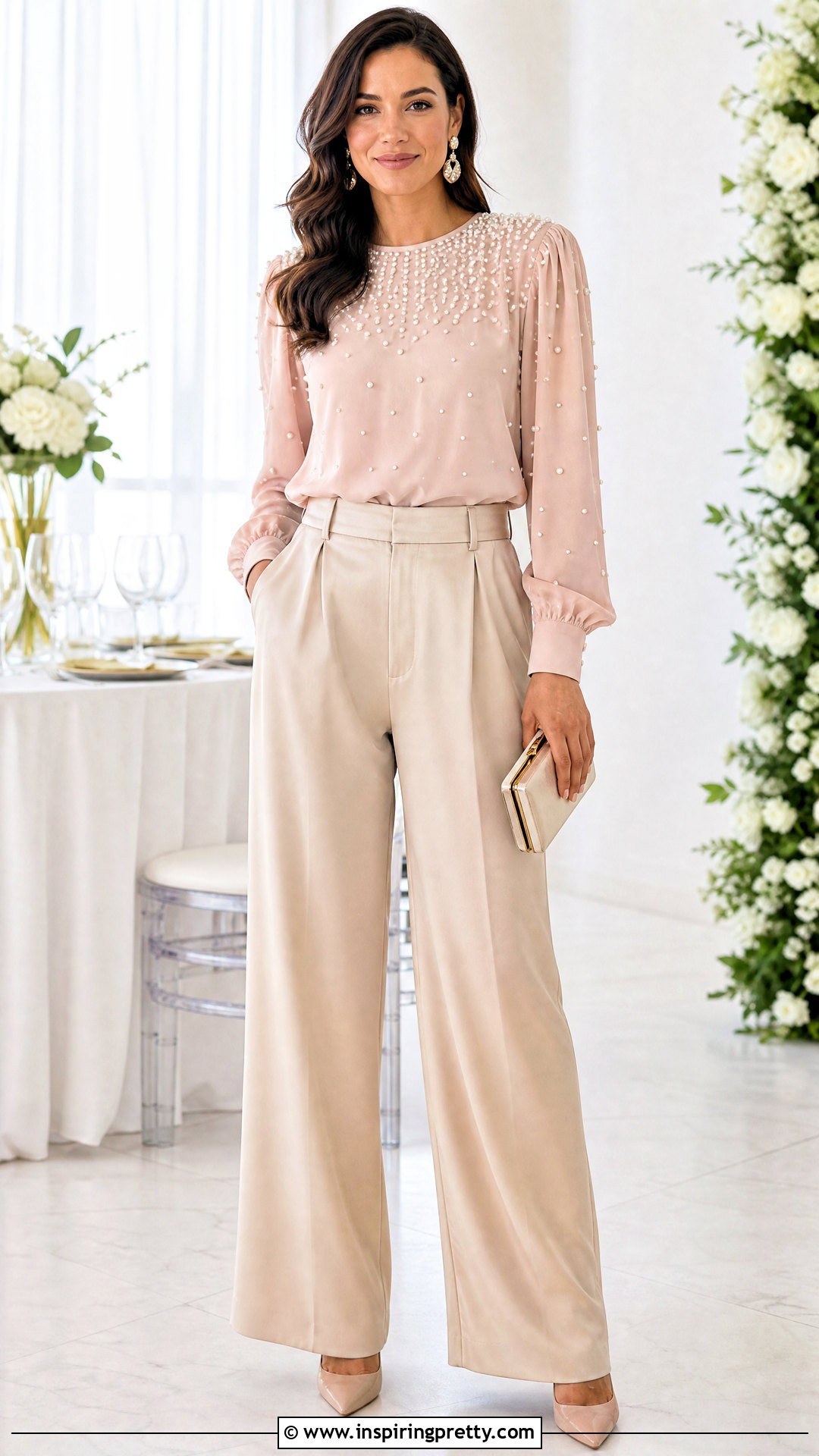 Fancy Pearl Embellished Top With Satin Pants - 50 Fancy Top Designs