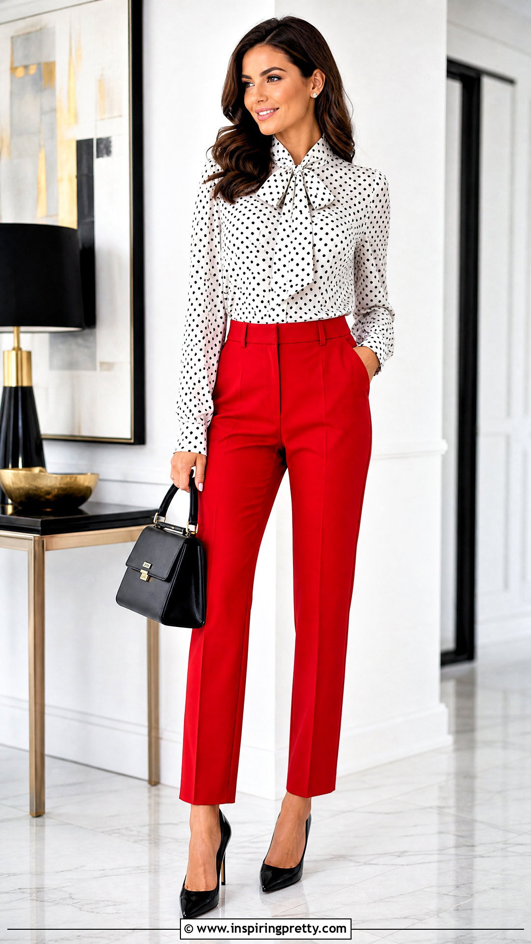 Fancy Polka Dot Tie Neck Top With Red Pants - 50 Fancy Top Designs