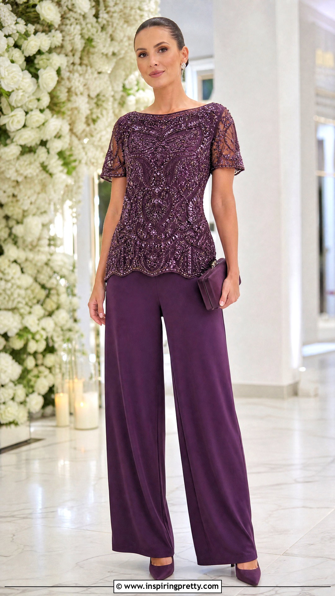 Fancy Purple Embellished Top With Wide Leg Pants - 50 Fancy Top Designs