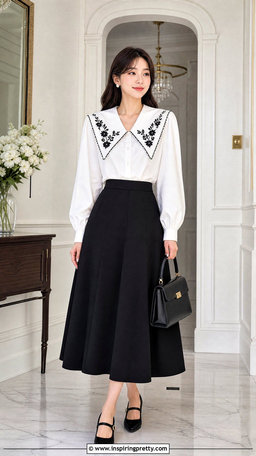 Fancy Statement Collar Top With A Line Skirt - 50 Fancy Top Designs
