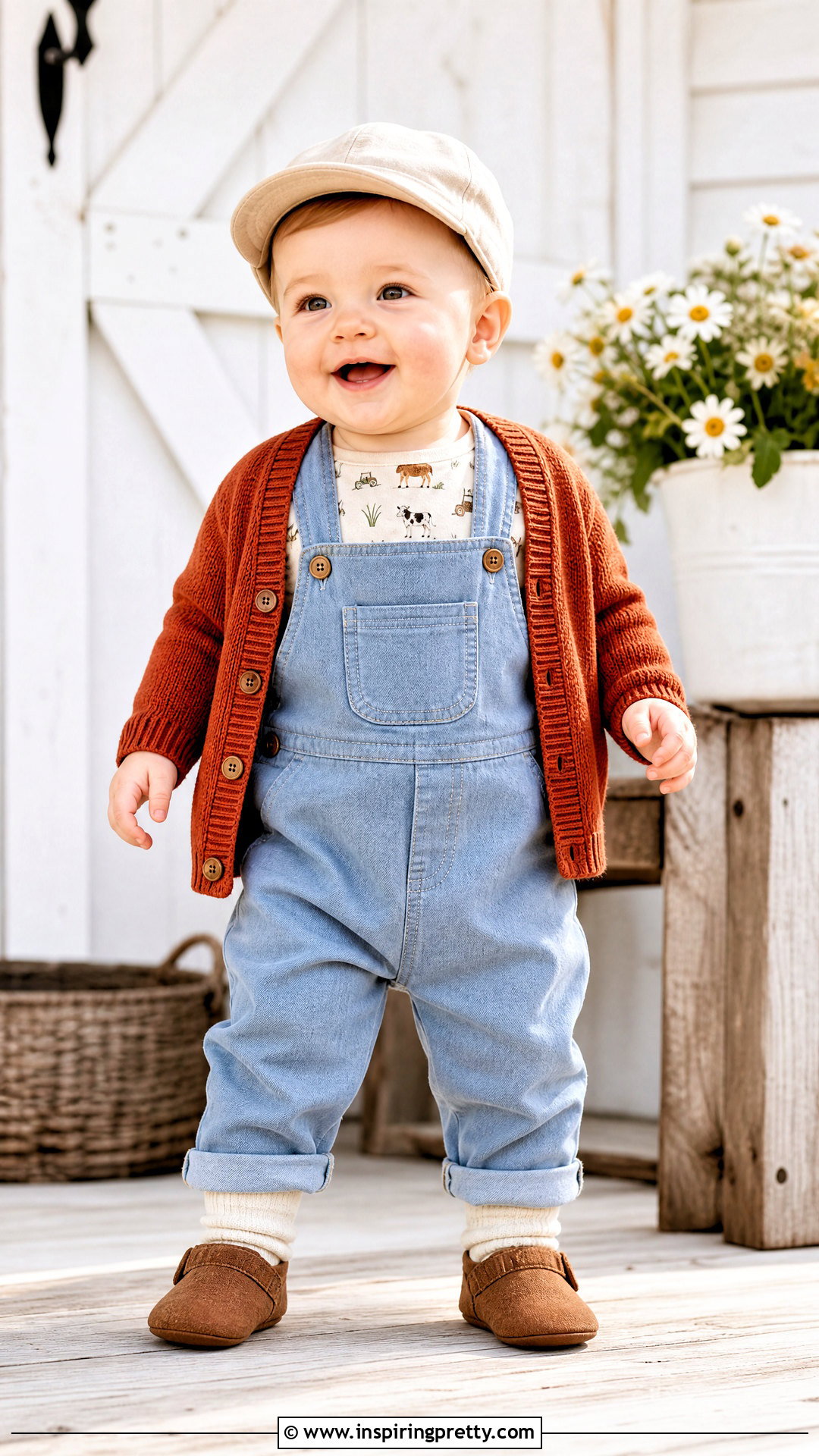 Farm Print Baby Top With Denim Overalls - 50 baby tops designs