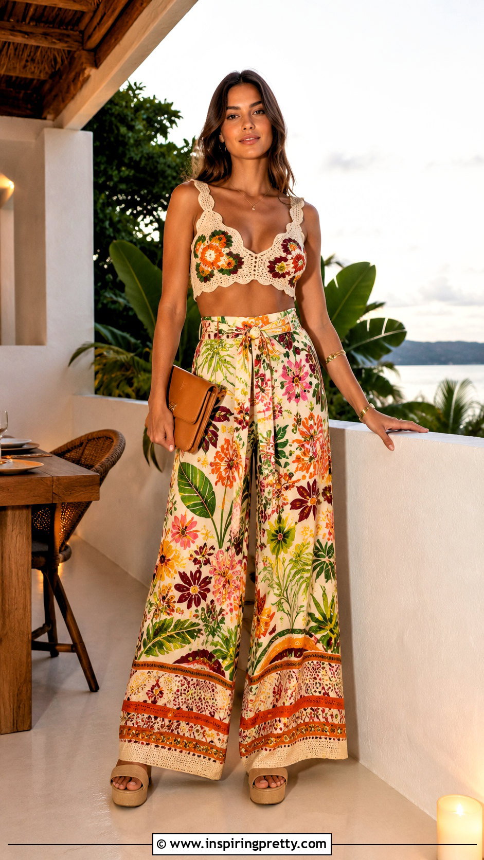 Farm Rio Crochet Top With Printed Wide Leg Pants - 20 Farm Rio Crochet Top outfit ideas