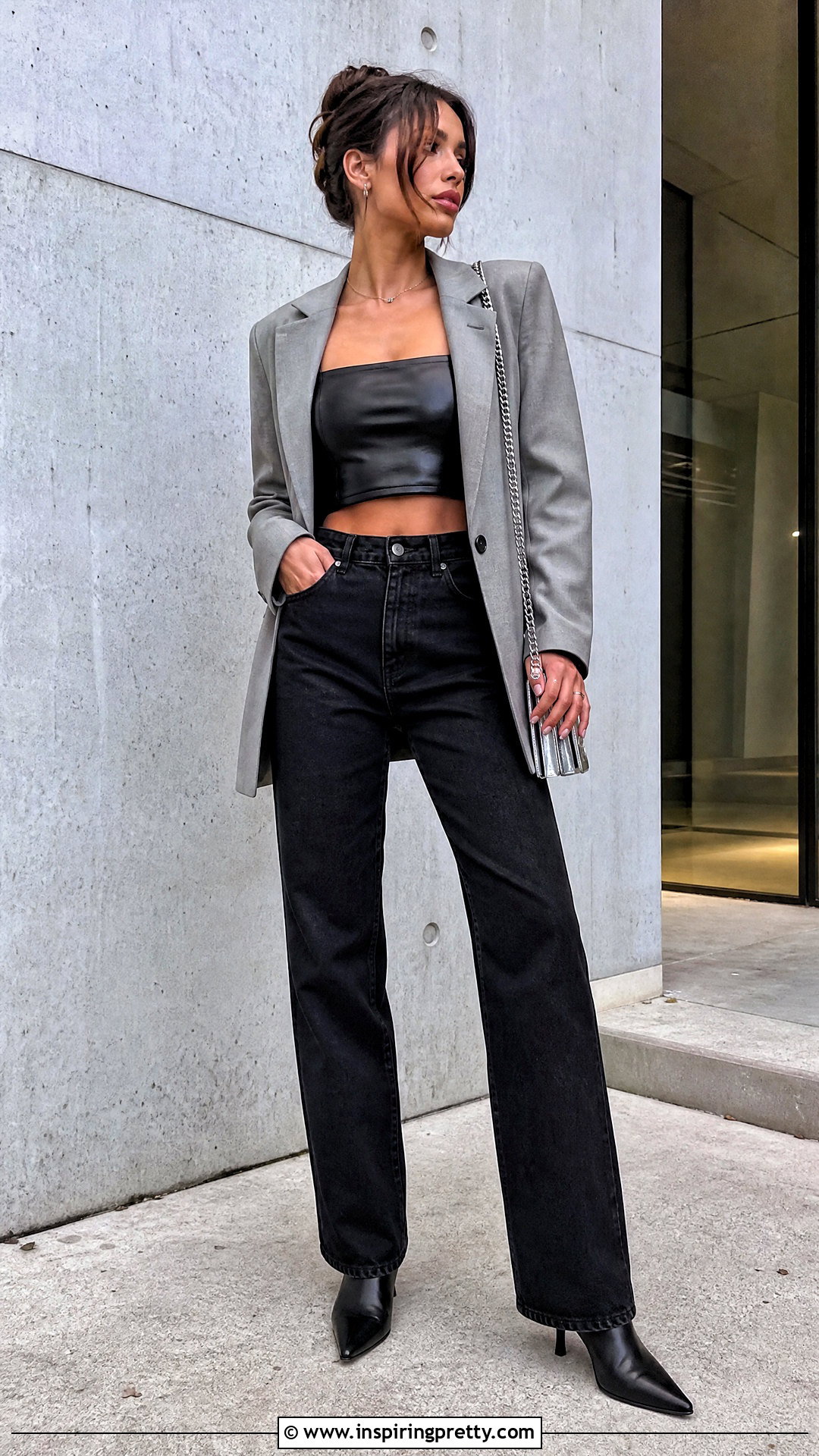 Faux Leather Crop Top And Black Jeans - 50 Crop Top And Jeans Outfit ideas
