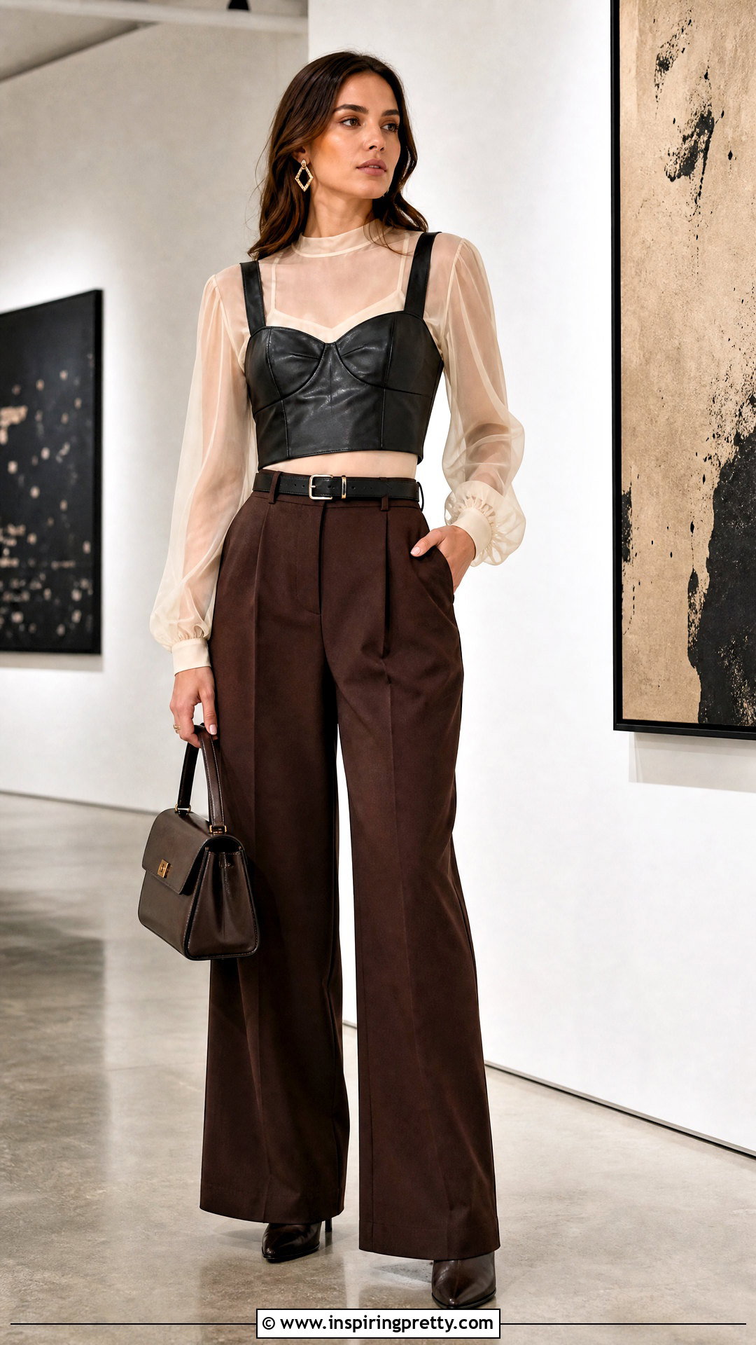 Faux Leather Crop Top Over Sheer Blouse Outfit - 25 Crop Top With Top Underneath outfit ideas