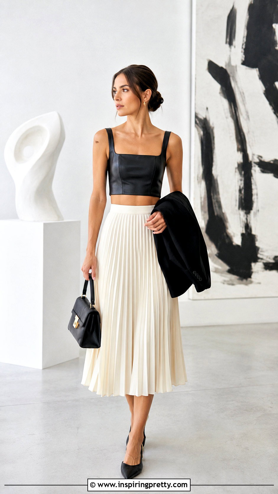 Faux Leather Crop Top With Midi Skirt - 50 crop top ideas