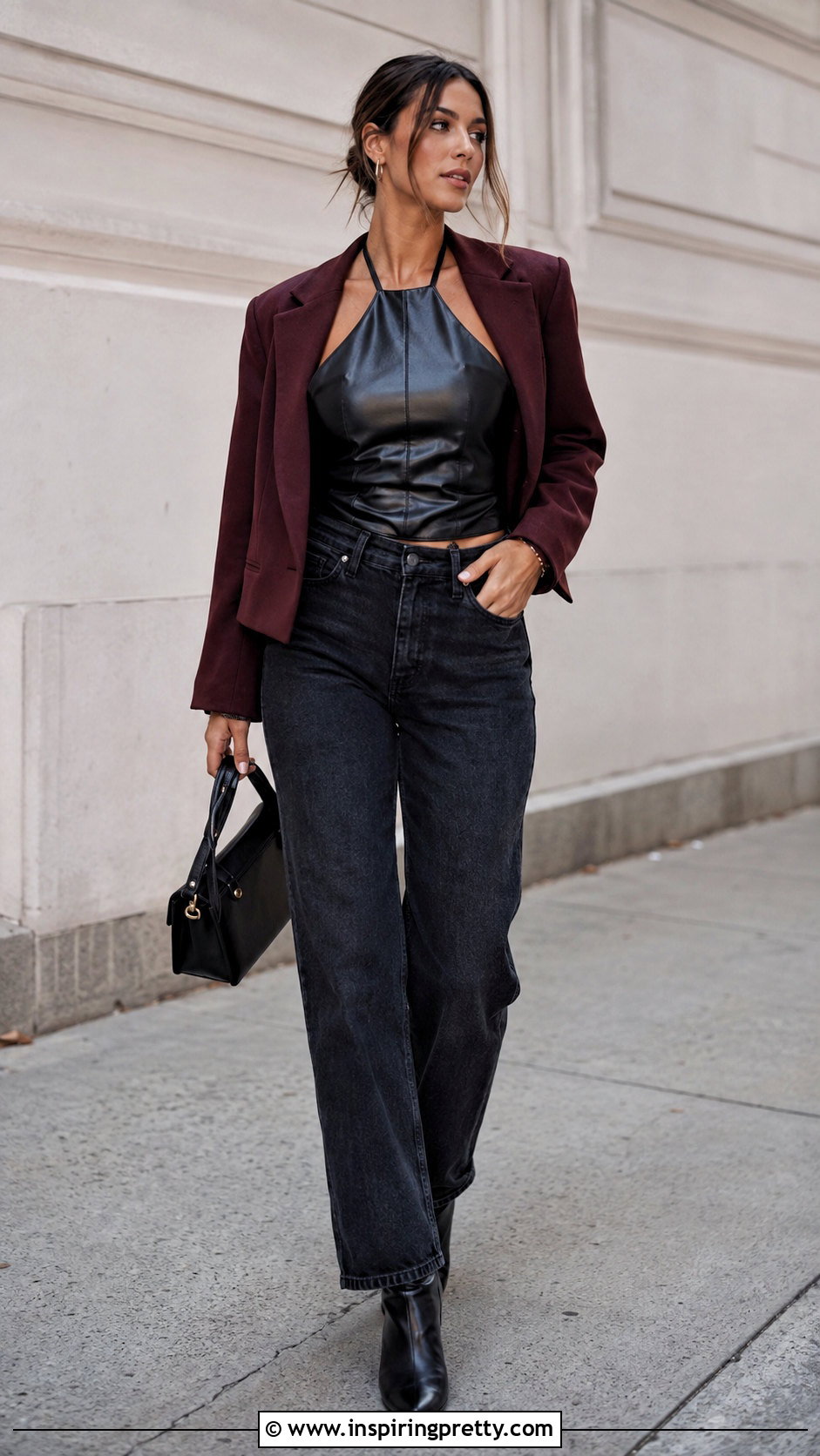 Faux Leather Halter Top With Cropped Blazer And Jeans - 25 Faux Leather Halter Top outfit ideas
