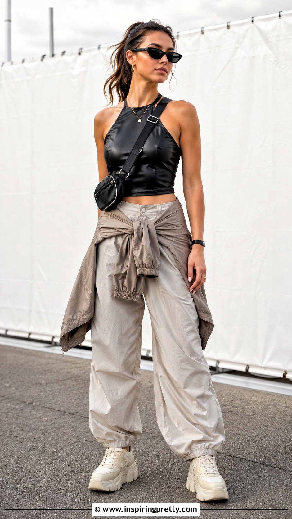 Faux Leather Halter Top With Parachute Pants - 25 Faux Leather Halter Top outfit ideas