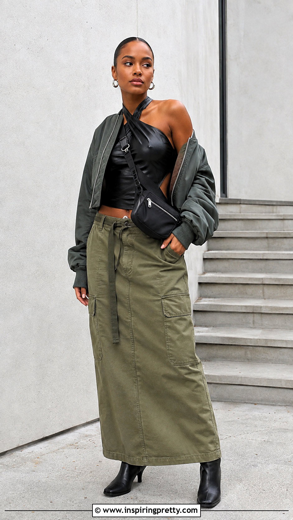 Faux Leather Halter Top With Utility Maxi Skirt - 25 Faux Leather Halter Top outfit ideas