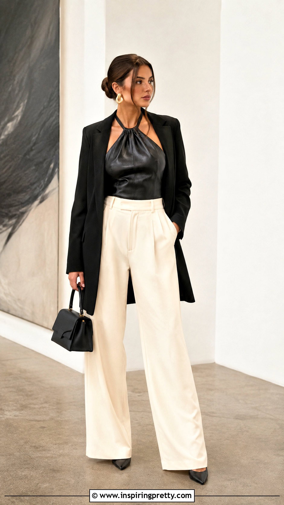 Faux Leather Halter Top With Wide Leg Trousers - 25 Faux Leather Halter Top outfit ideas