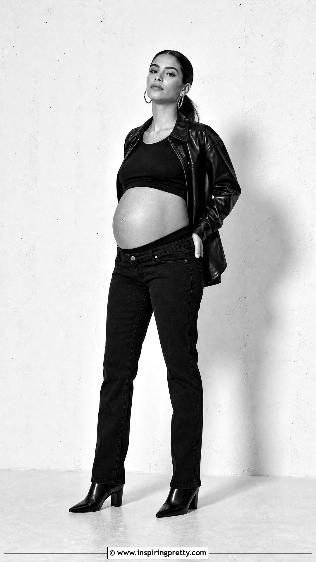 Faux Leather Jacket Crop Top And Black Jeans Maternity Shoot - 20 crop top and jeans maternity shoots