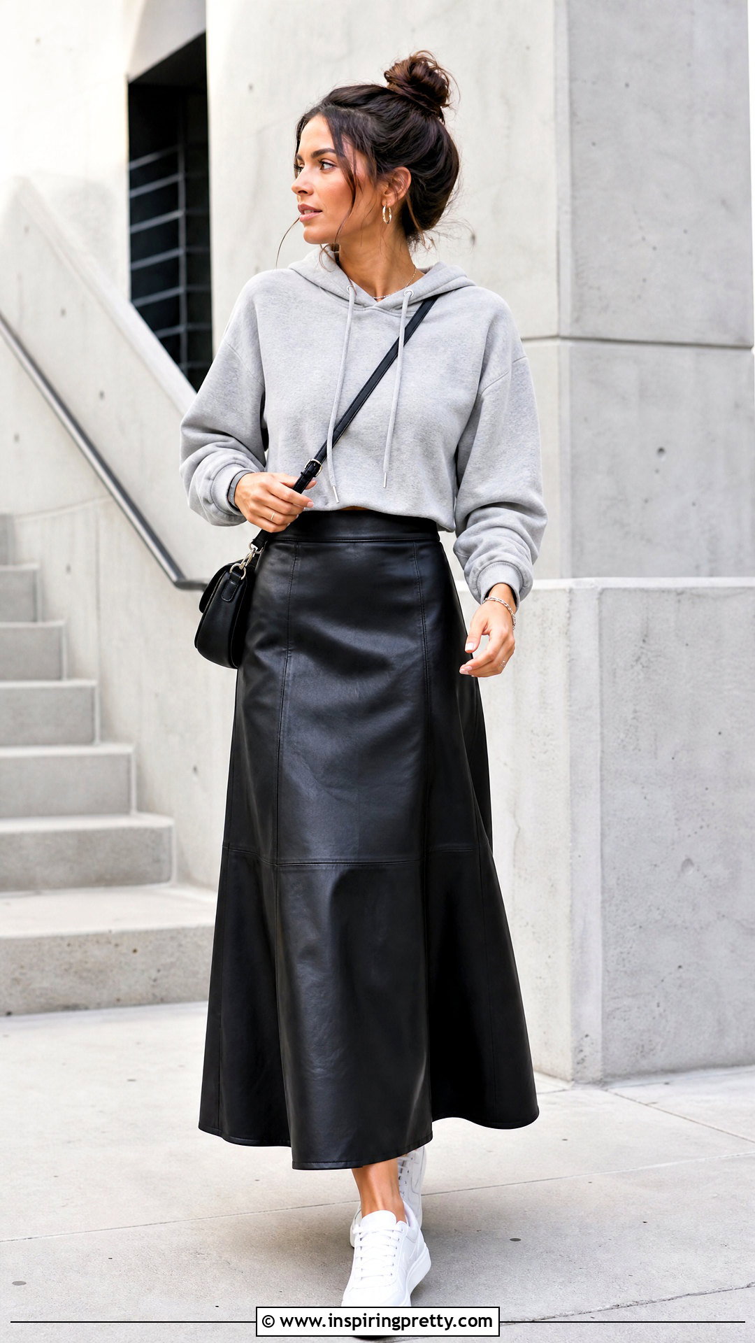 Faux Leather Long Skirt And Hoodie Outfit - 50 long skirt and top casual outfits