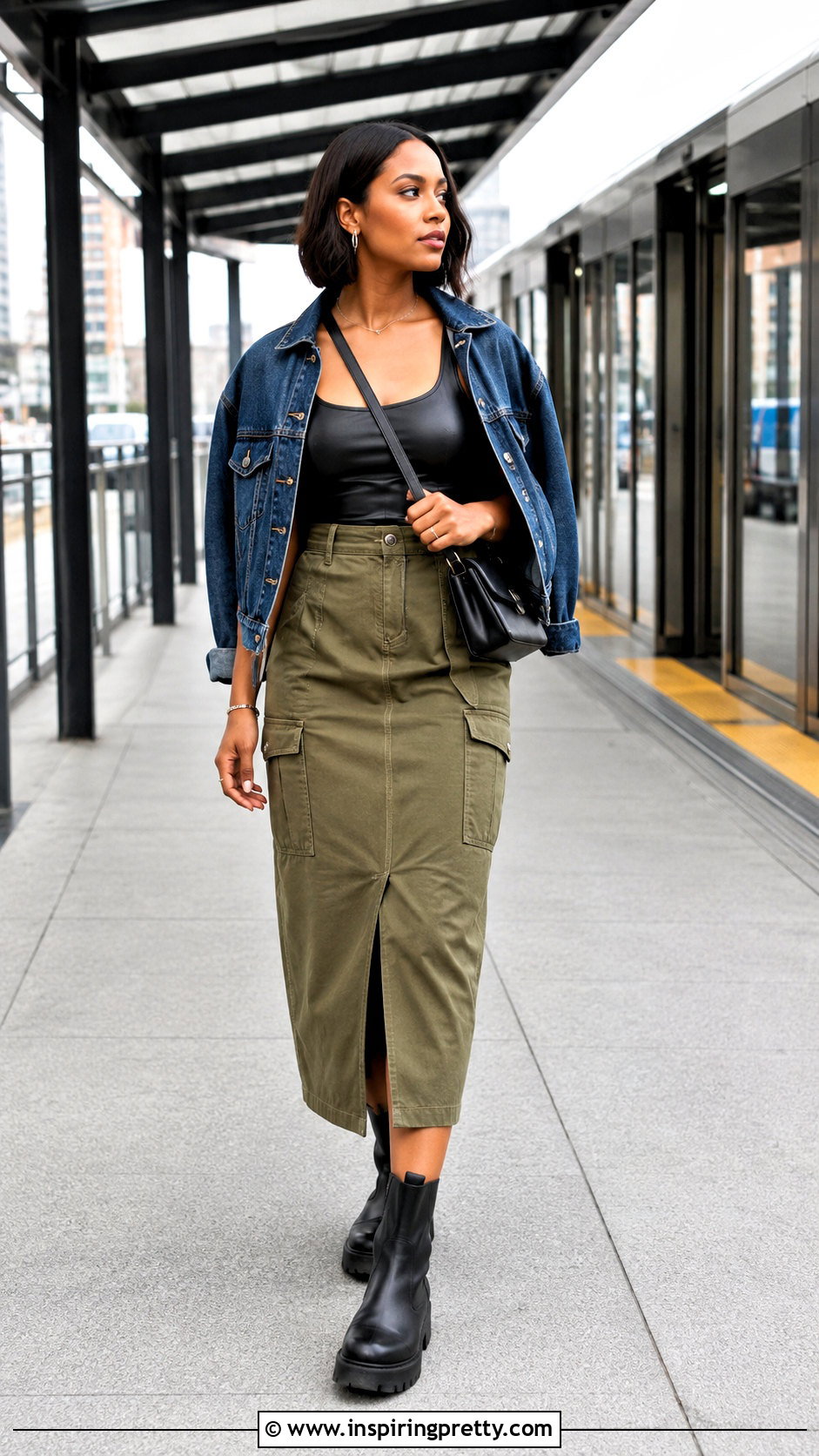 Faux Leather Tank Top With Utility Midi Skirt - 20 Faux Leather Tank Top outfit ideas