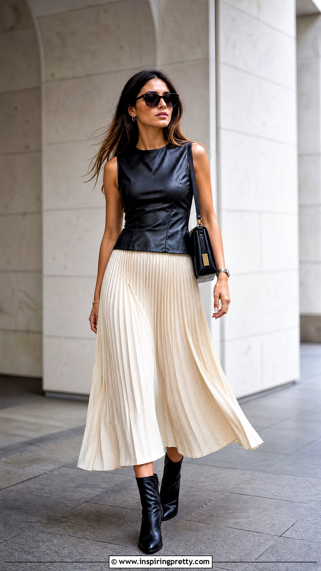 Faux Leather Top With Pleated Midi Skirt - 50 fashion tops blouses