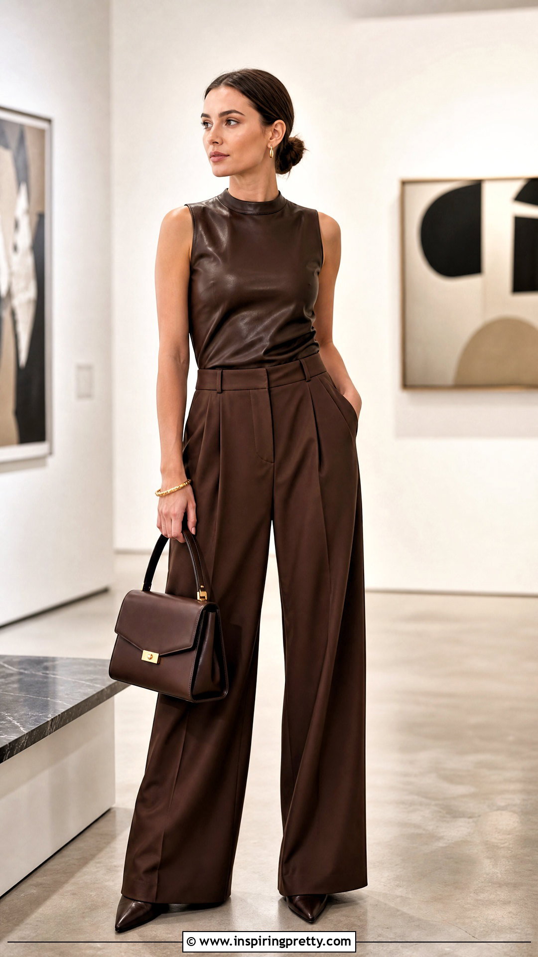 Faux Leather Top With Wide Leg Trousers - 50 trendy tops for women classy ideas