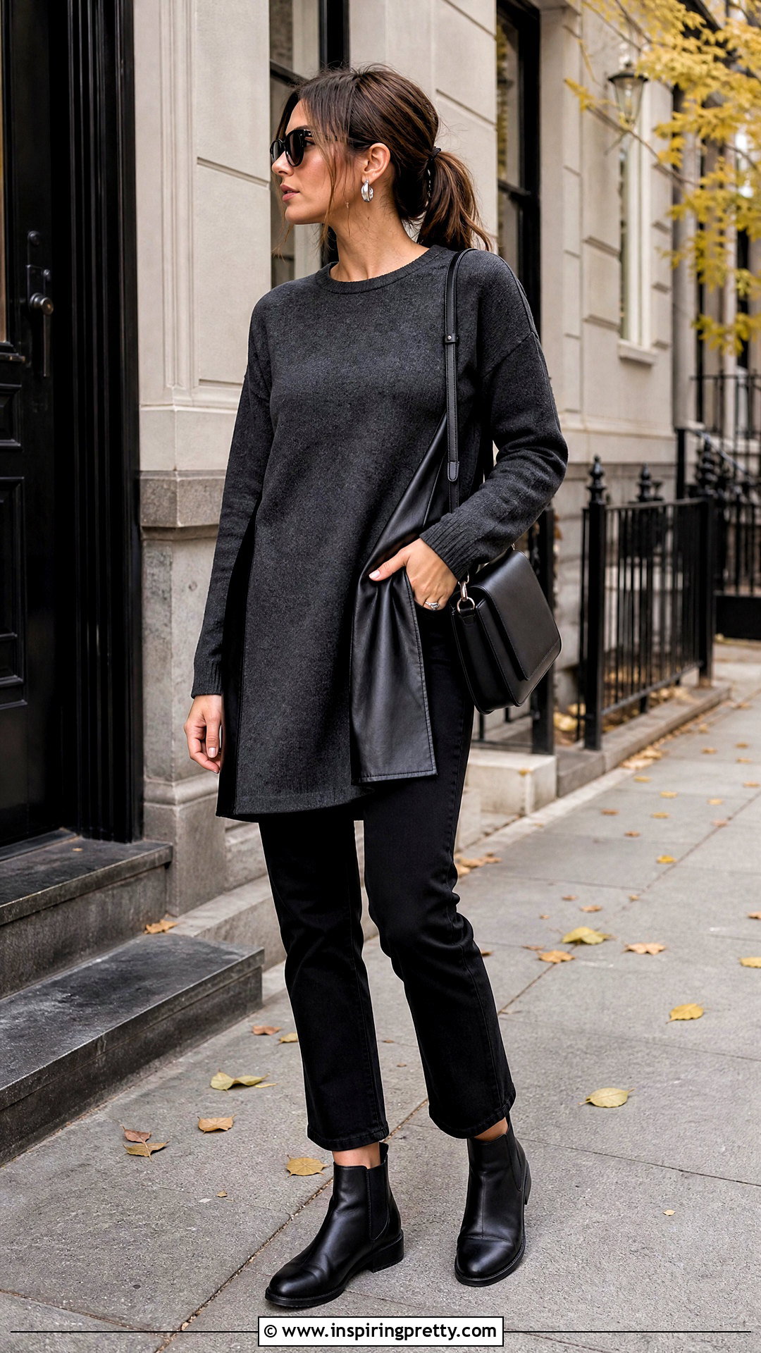 Faux Leather Trim Long Top With Black Jeans - 50 long tops designs