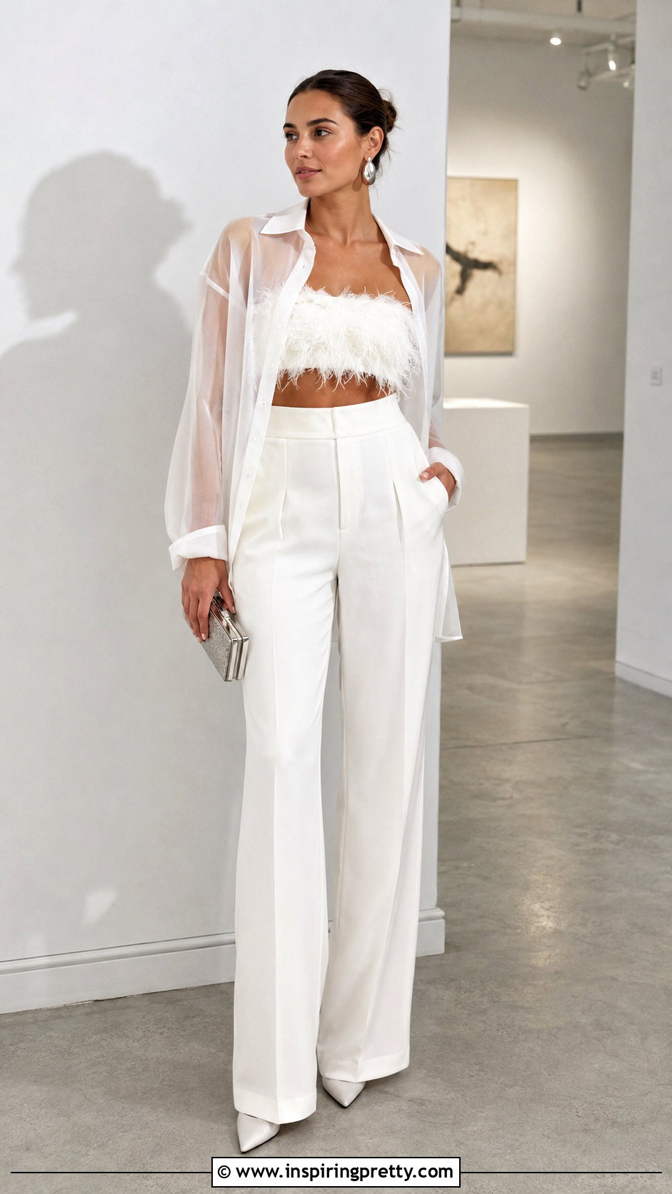 Feather Bandeau Top With Sheer Shirt And Trousers - 25 feather bandeau top outfit ideas