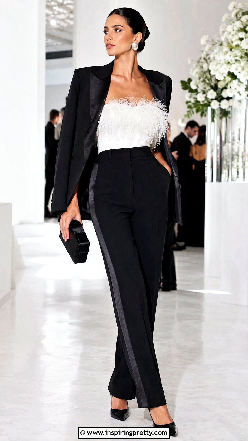 Feather Bandeau Top With Tuxedo Pants - 25 feather bandeau top outfit ideas