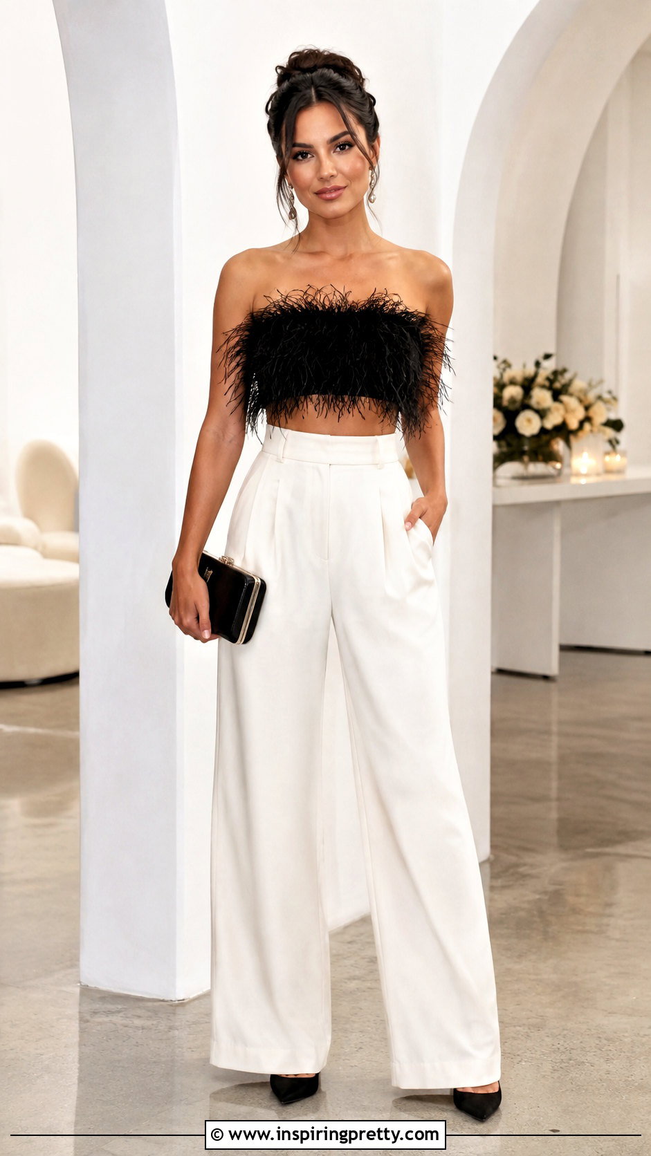Feather Crop Top With High Waisted Trousers - 50 feather top outfit ideas