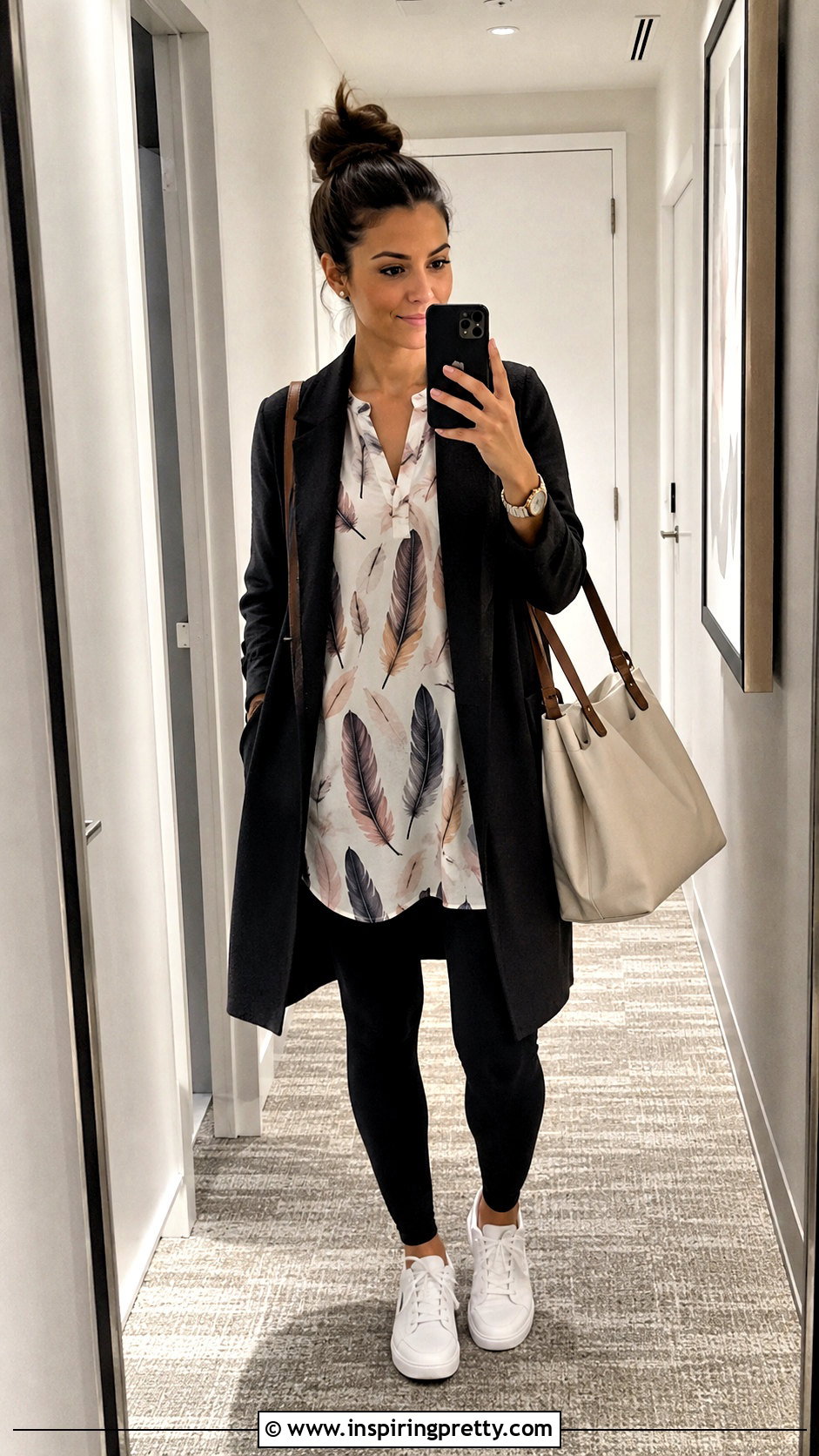 Feather Print Top With Leggings And Longline Jacket - 20 feather print top outfit ideas
