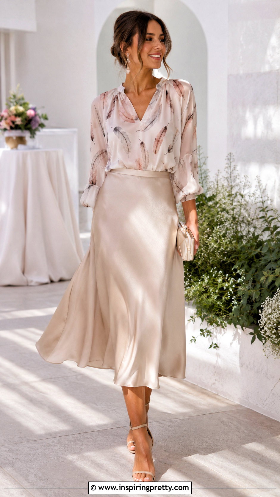 Feather Print Top With Satin Midi Skirt - 20 feather print top outfit ideas