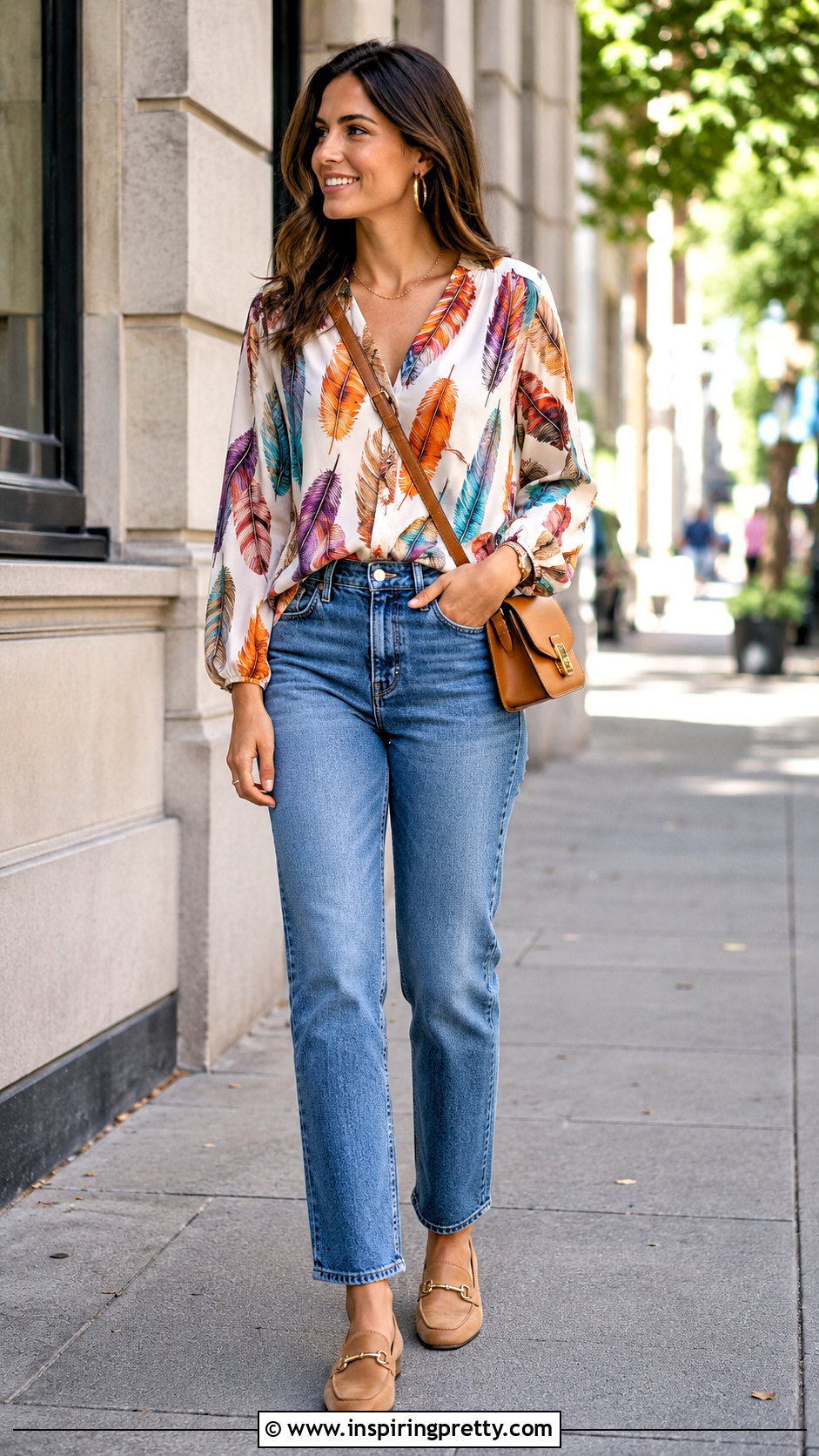 Feather Print Top With Straight Leg Jeans - 20 feather print top outfit ideas