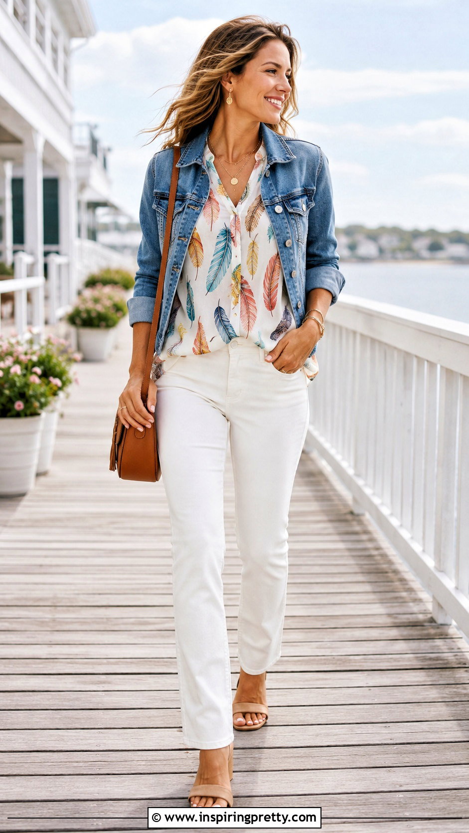 Feather Print Top With White Jeans And Denim Jacket - 20 feather print top outfit ideas