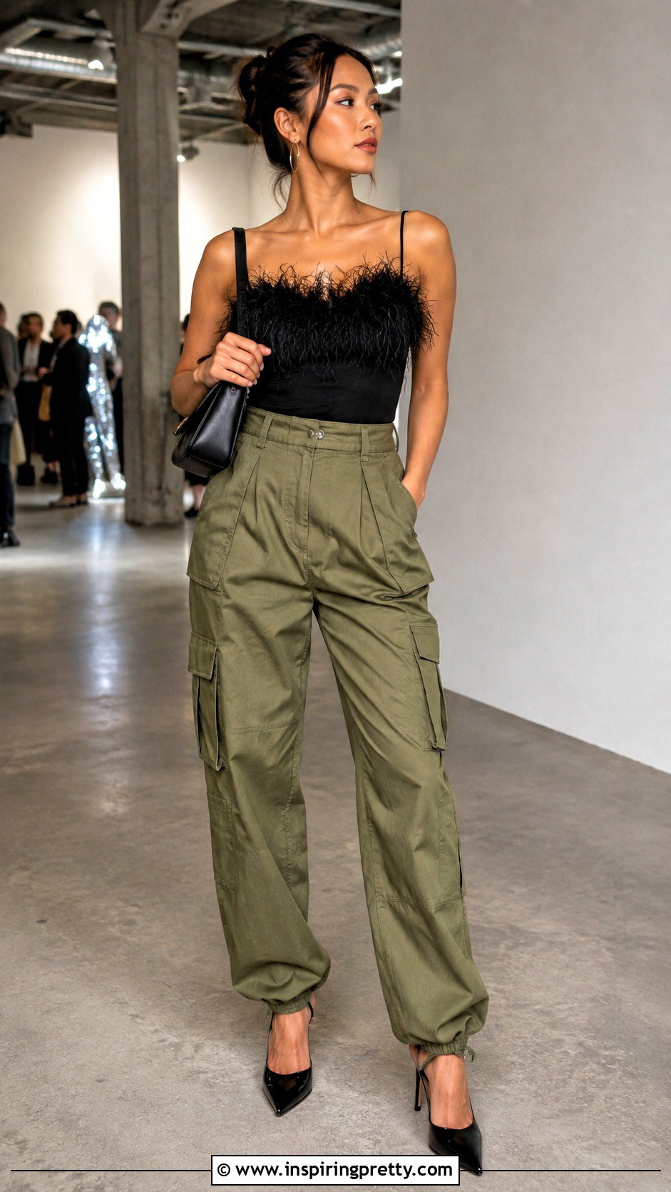 Feather Tank Top With Cargo Pants - 50 feather top outfit ideas