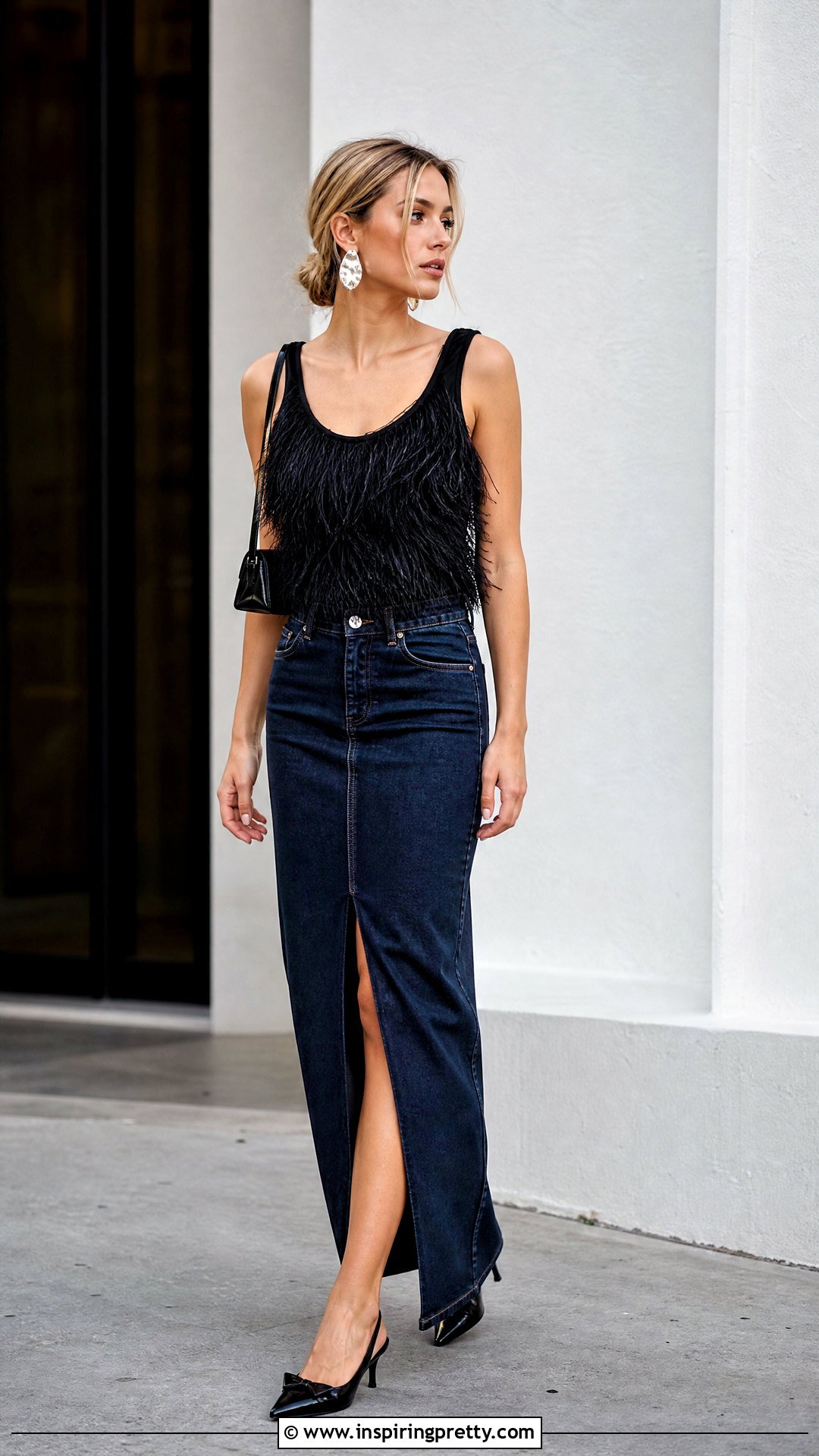 Feather Tank Top With Denim Maxi Skirt - 20 Feather Top Fashion ideas