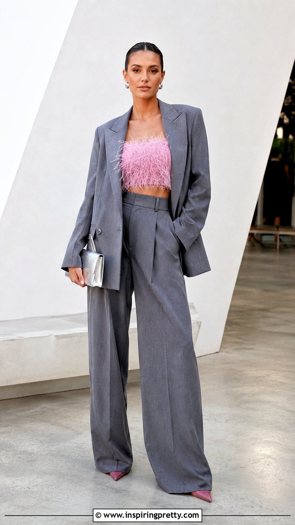 Feather Top With Oversized Suit - 50 feather top outfit ideas