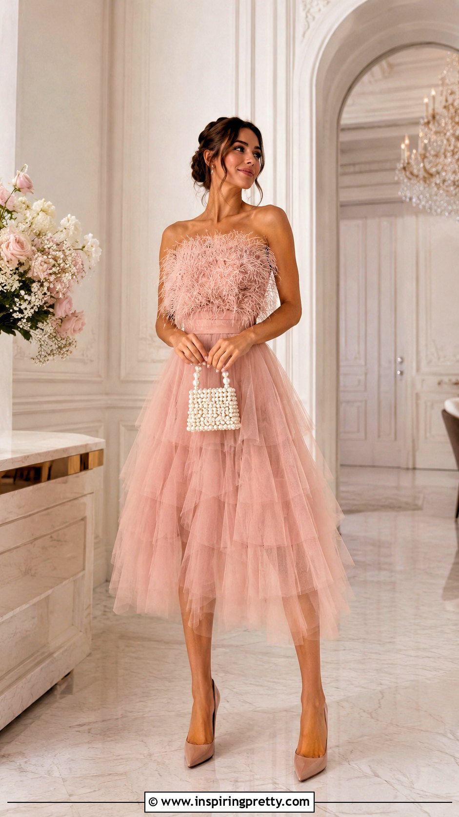 Feather Top With Tulle Midi Skirt - 50 feather top outfit ideas