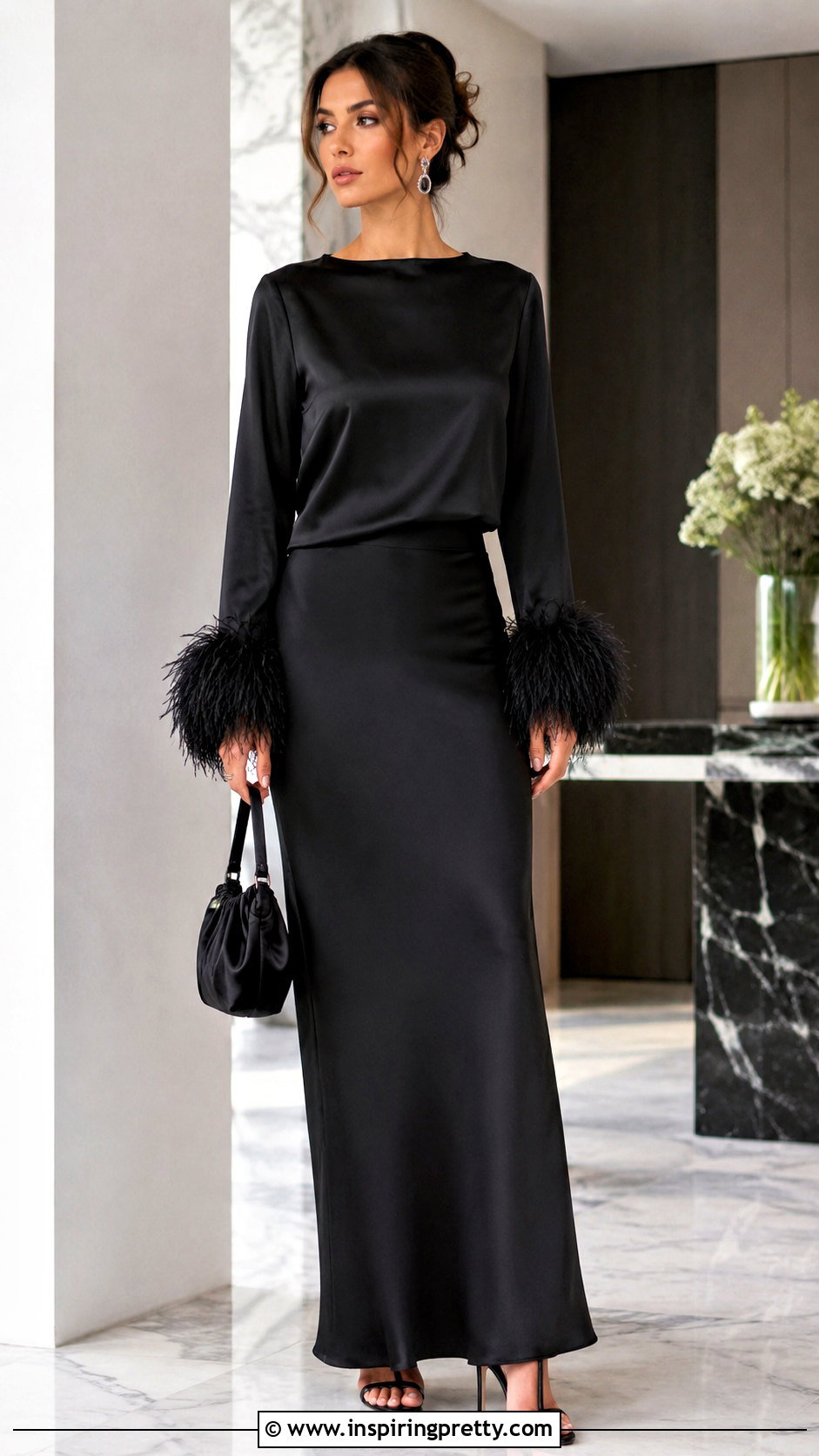 Feather Trim Black Tie Top With Column Skirt - 25 black tie tops for women