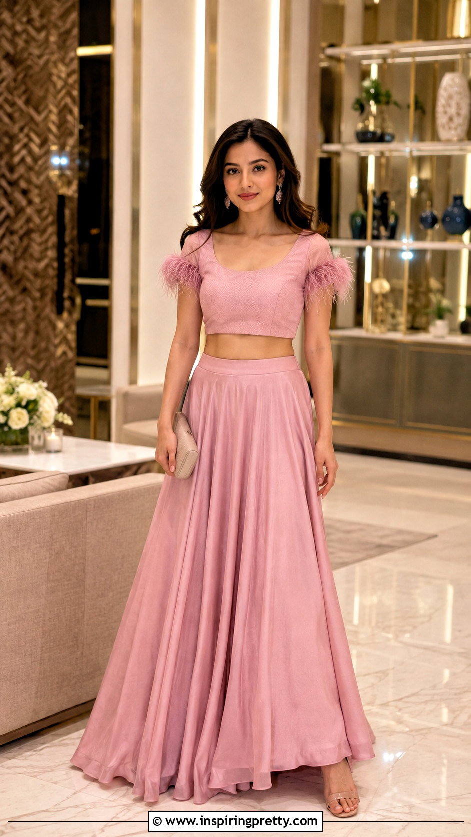 Feather Trim Lehenga Crop Top Outfit - 50 party wear lehenga crop tops outfit ideas