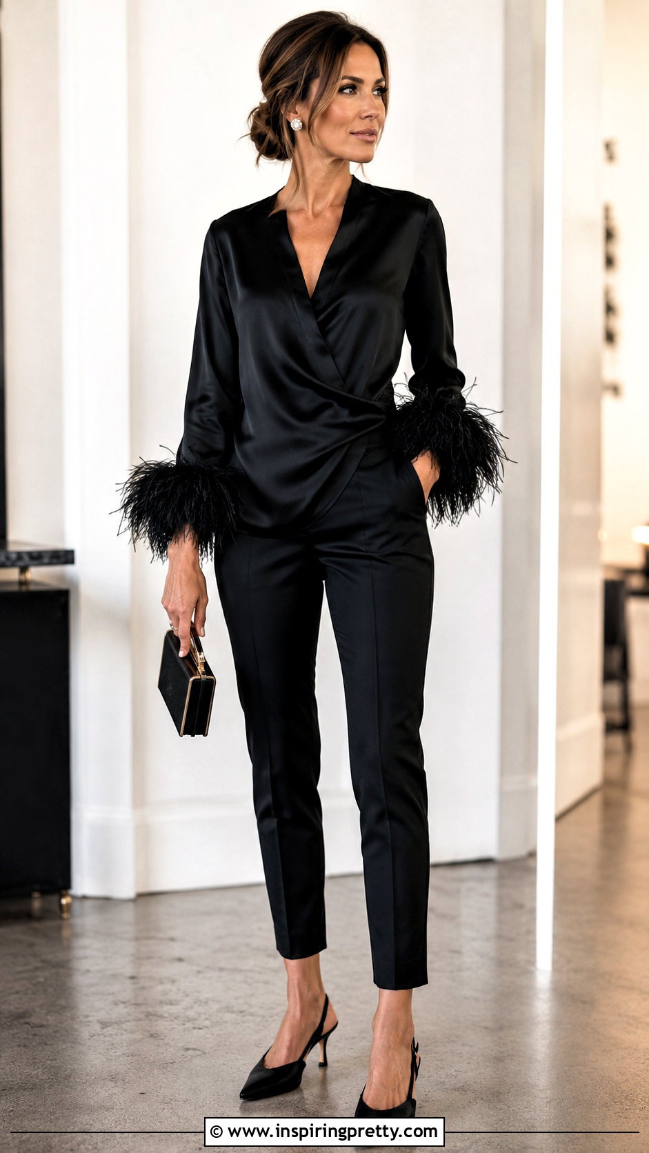 Feather Trim Party Top With Slim Pants - 20 dressy party tops outfit ideas
