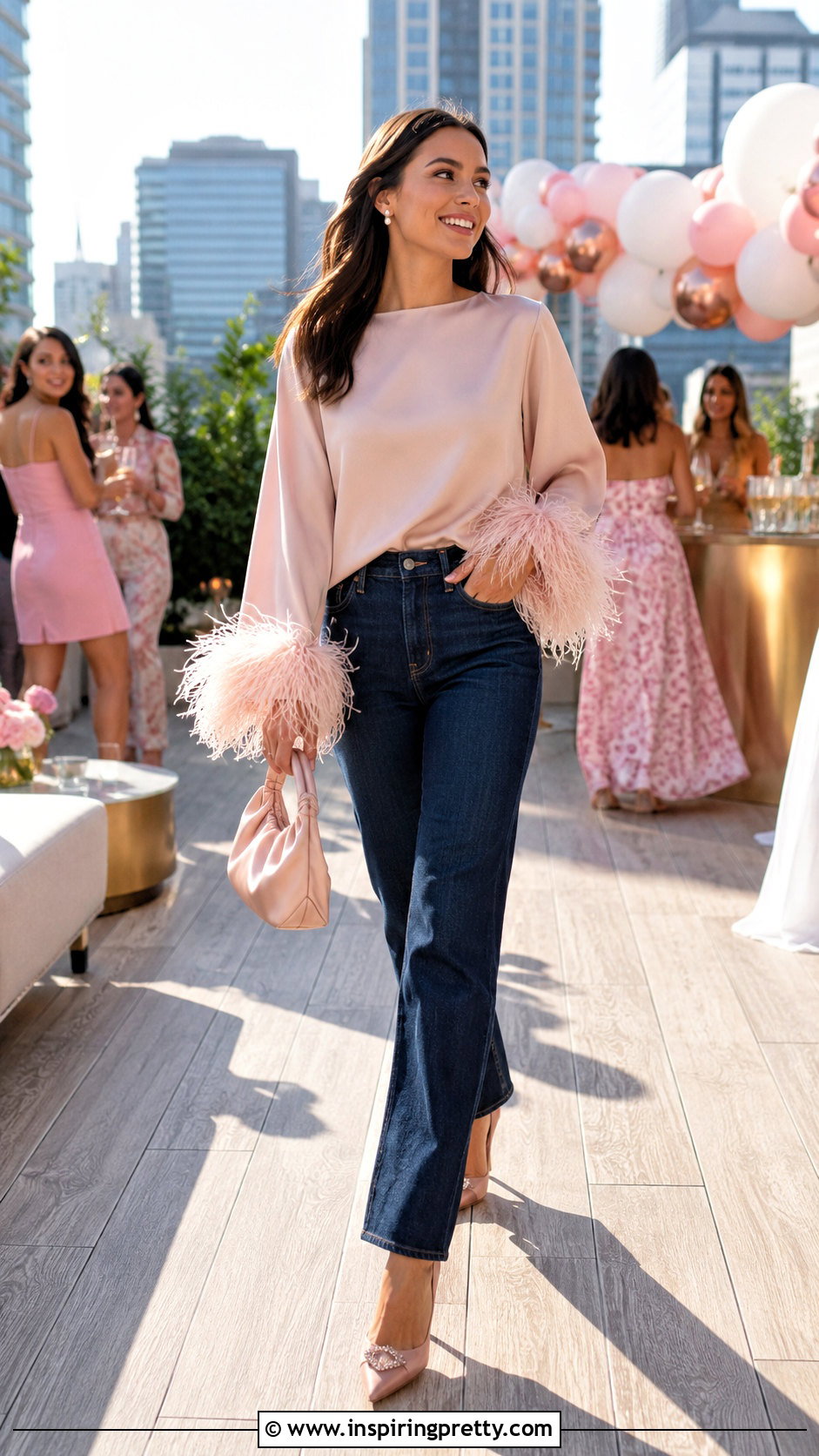 Feather Trim Party Top With Straight Jeans - 20 Stylish Party Top Inspiration ideas