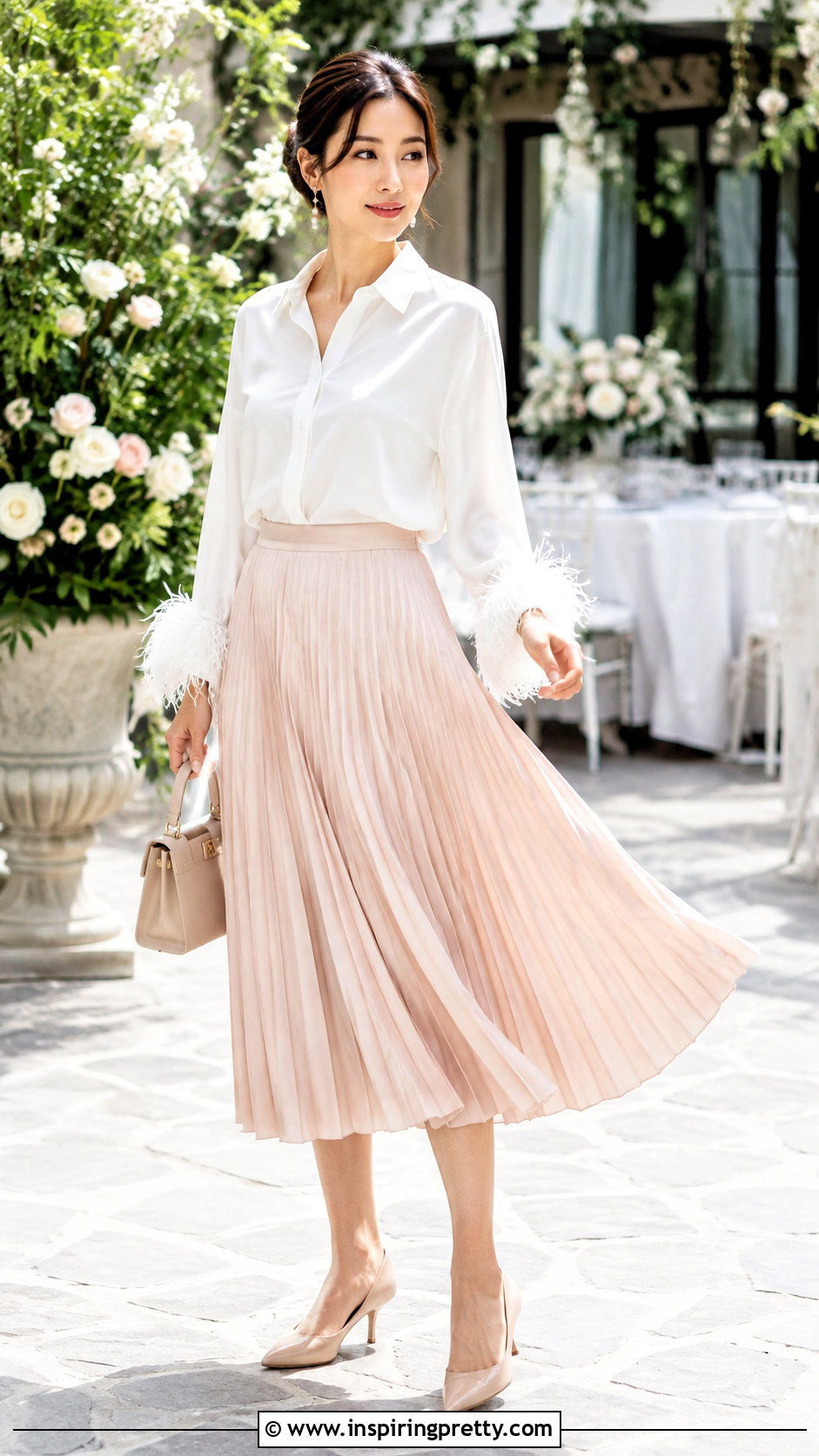 Feather Trim Shirt With Pleated Skirt - 50 feather top outfit ideas