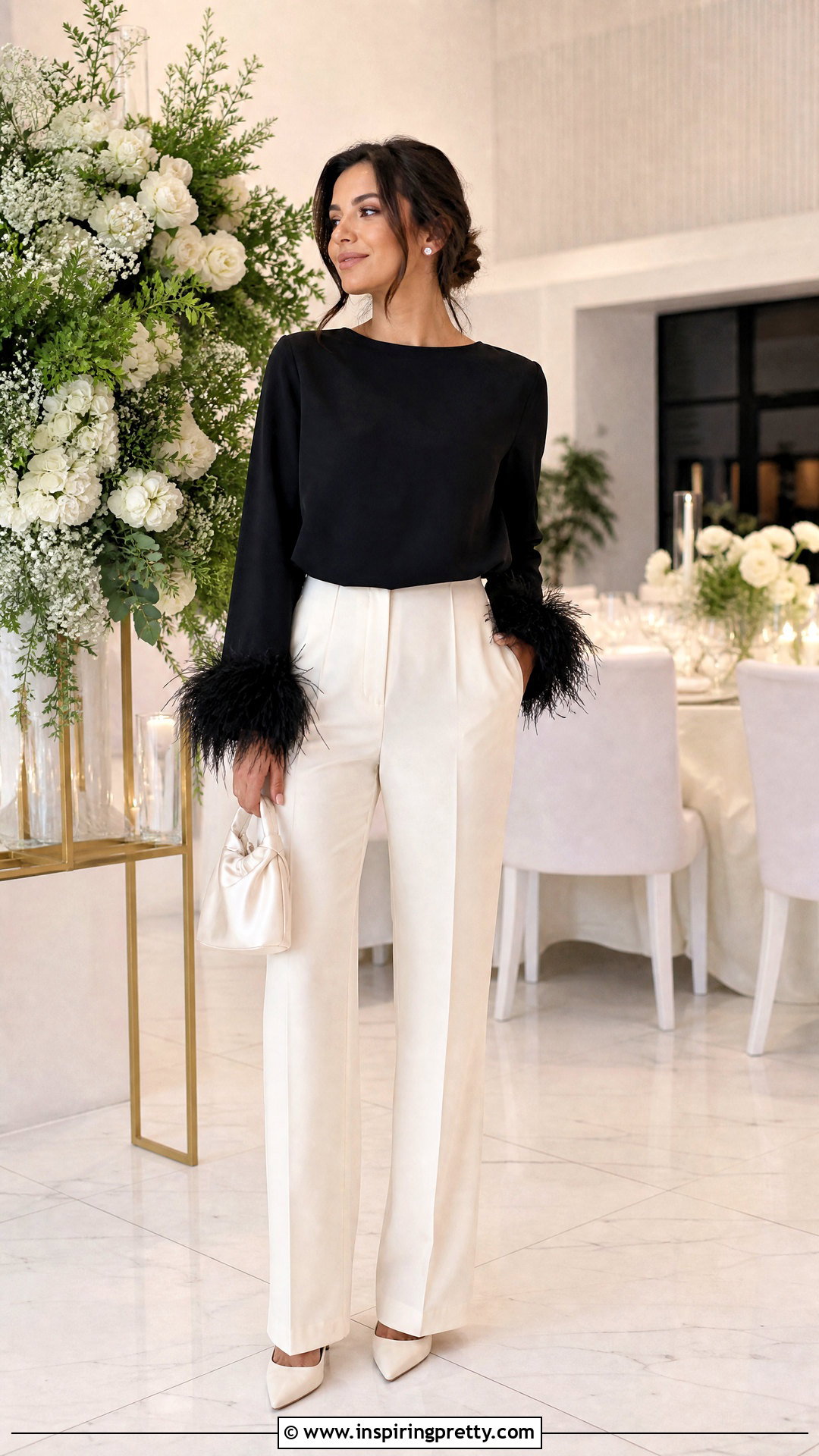 Feather Trim Top With Straight Leg Pants - 50 fancy tops outfit ideas