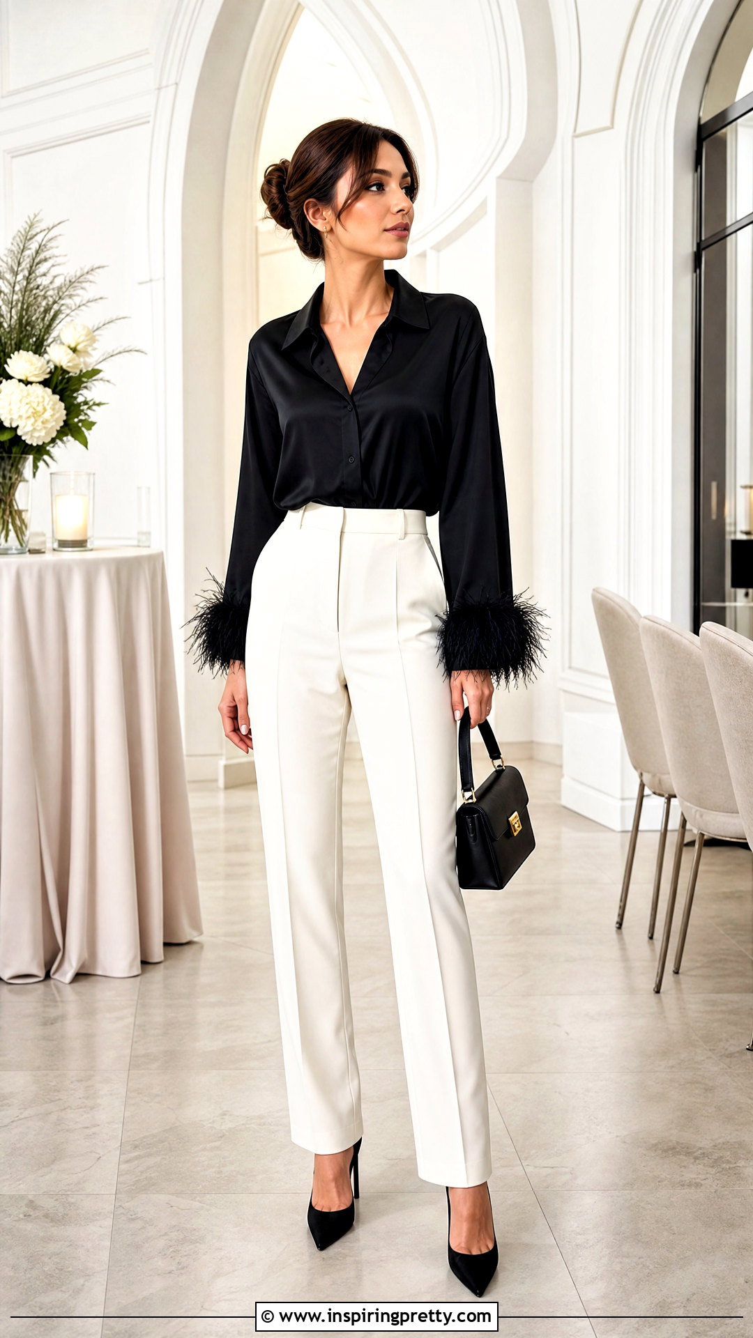 Feather Trim Top With Tailored Pants - 50 textured top outfit ideas
