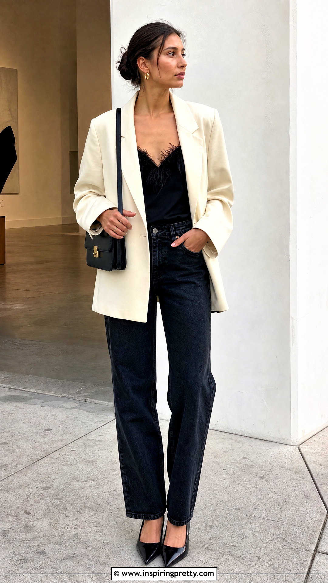 Feathery Camisole With Blazer And Jeans - 25 Feathery Top Outfit ideas